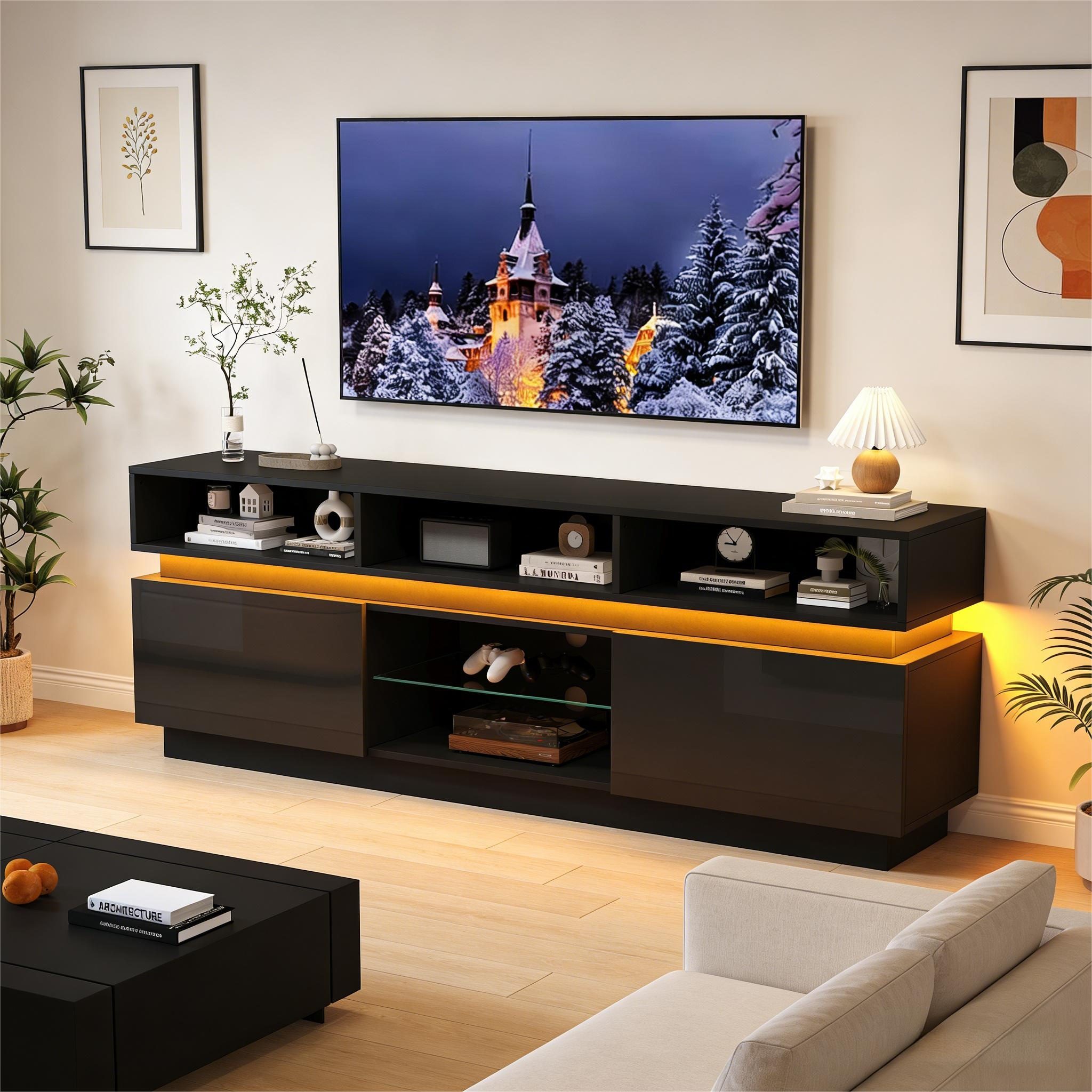 Merax Lowboard hochglanz TV-Schrank mit LED Beleuchtung (1 St), Wohnzimmerschrank mit Glasablage, 10 Fächern & 2 Türen, 160x35x60cm