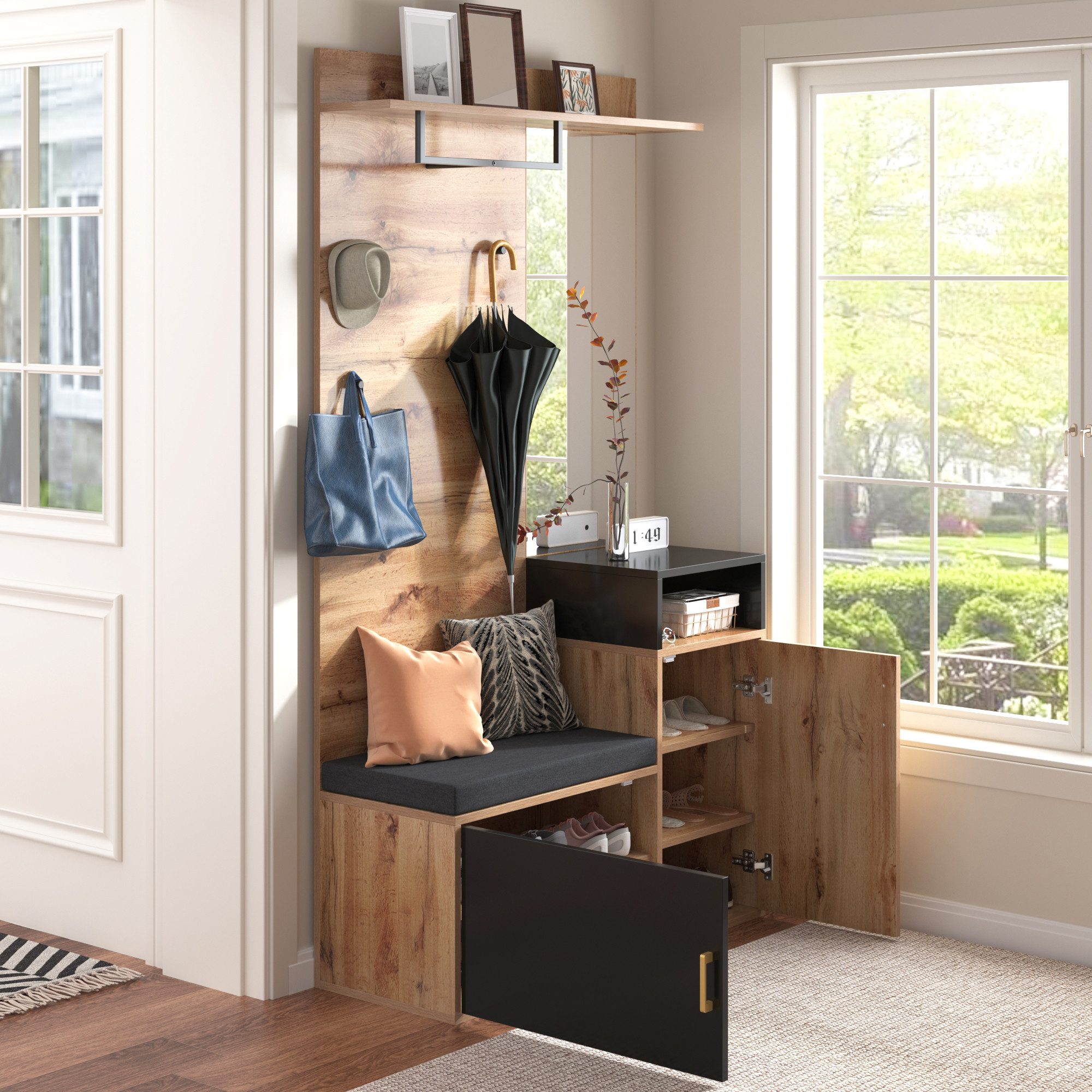 kowdom Garderobe Garderoben-Set mit Spiegel & Sitzbank Flurgarderobe Schuhschrank (Set, Komplettset), Spiegel, Sitzbank, Schuhschrank, Garderoben-Set, platzsparend