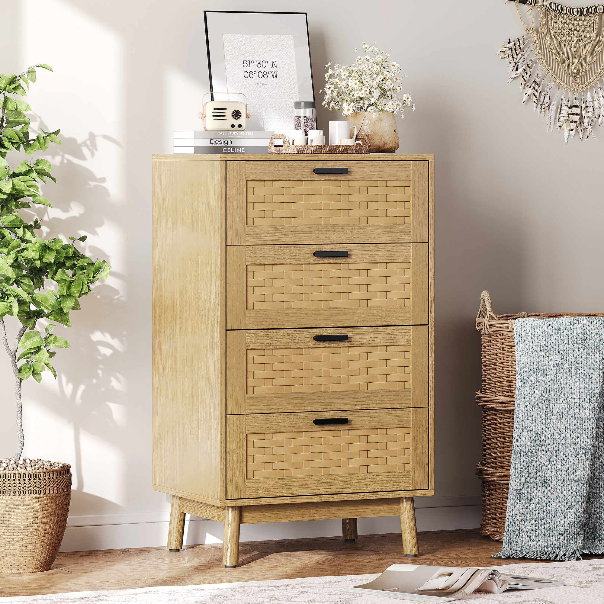 FUROKOY Kommode Sideboard mit 4 Schubladen Rattanschrank Küchenschrank, Schlafzimmerschrank Holz,Eichenfarbe