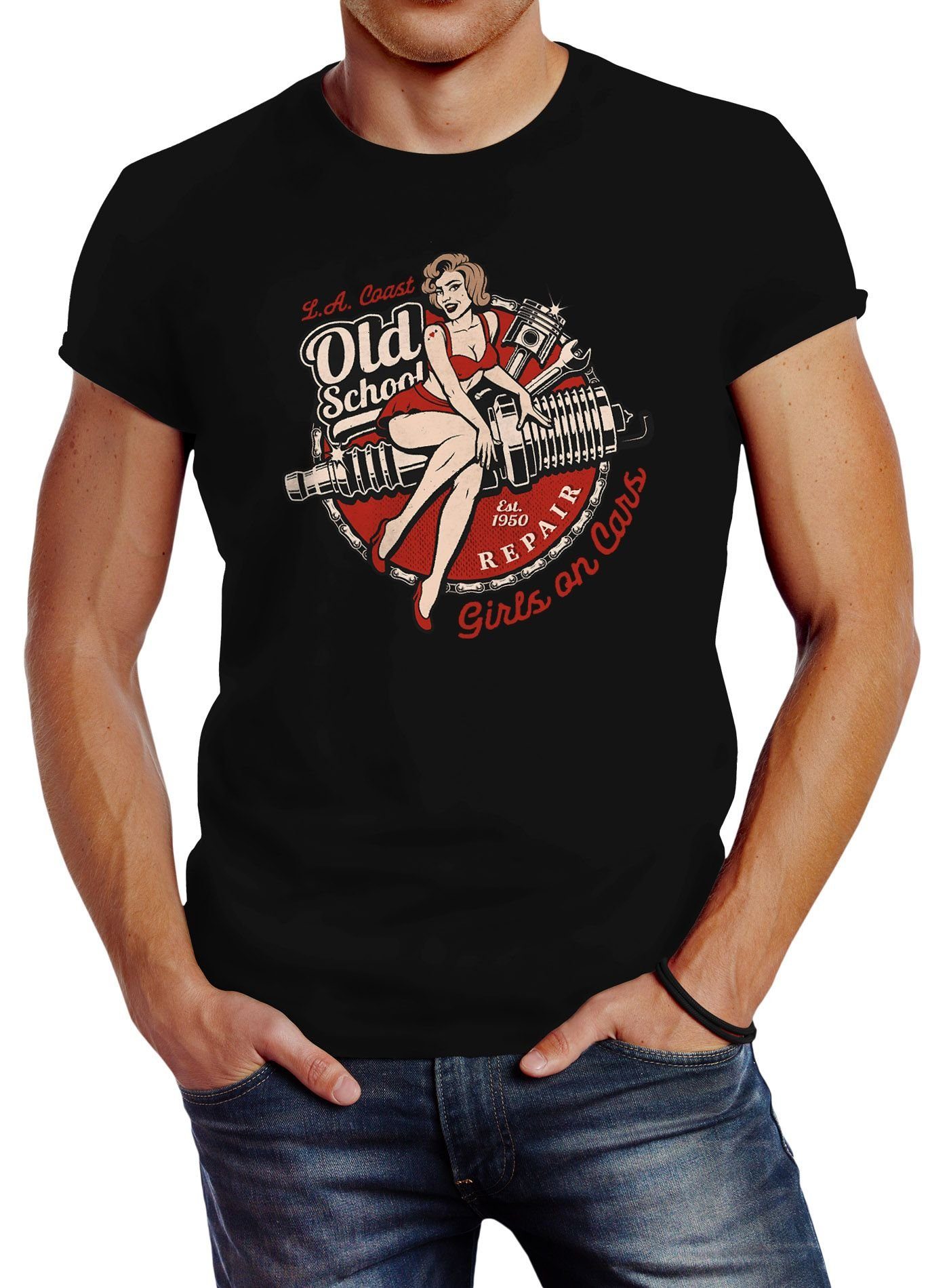 Neverless Print-Shirt Herren T-Shirt Girls on Cars Retro Vintage Print Pin up Girl Logo Aufdruck Slim Fit Neverless® mit Print schwarz