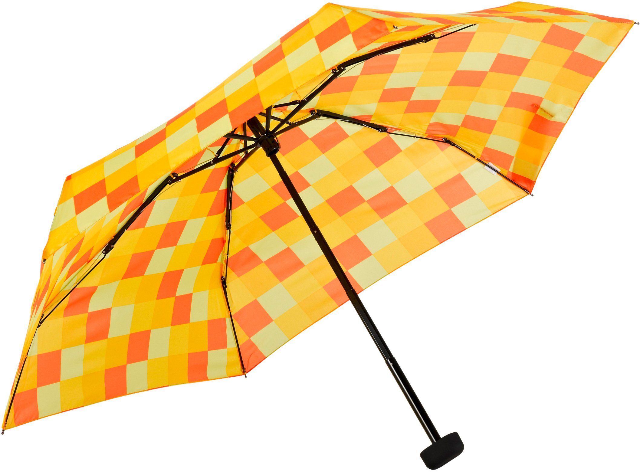 EuroSCHIRM® Taschenregenschirm Dainty, flach orange, Karo gelb extra und kurz