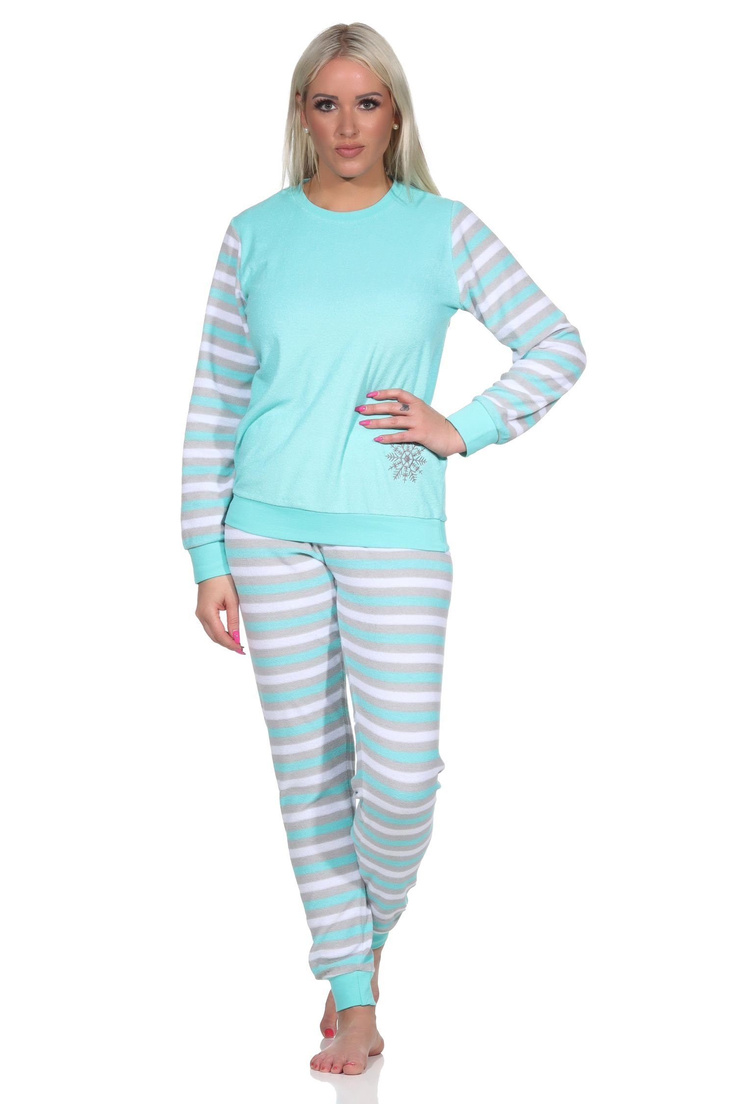 Normann Damen Schlafanzug Frottee - Langarm Mit Knopfleiste & Gestreifter Hose