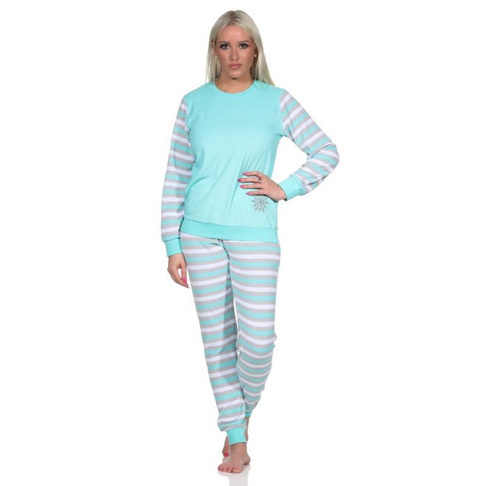 Normann Pyjama Geringelter Damen Frottee Schlafanzug langarm Pyjama mit Eiskristall