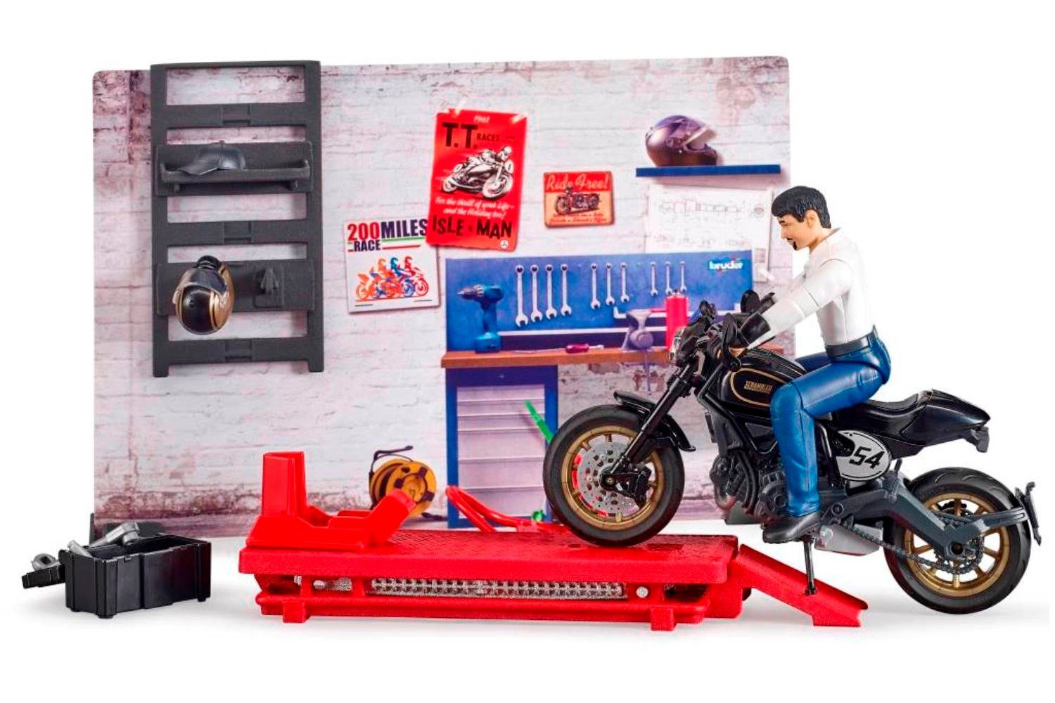 Hebebühne, Cafe mit Motorrad, Stellfüße detailgetreue Spielzeug-LKW 62101 bworld Scrambler Motorrad-Werkstatt Racer, Bruder® Ducati