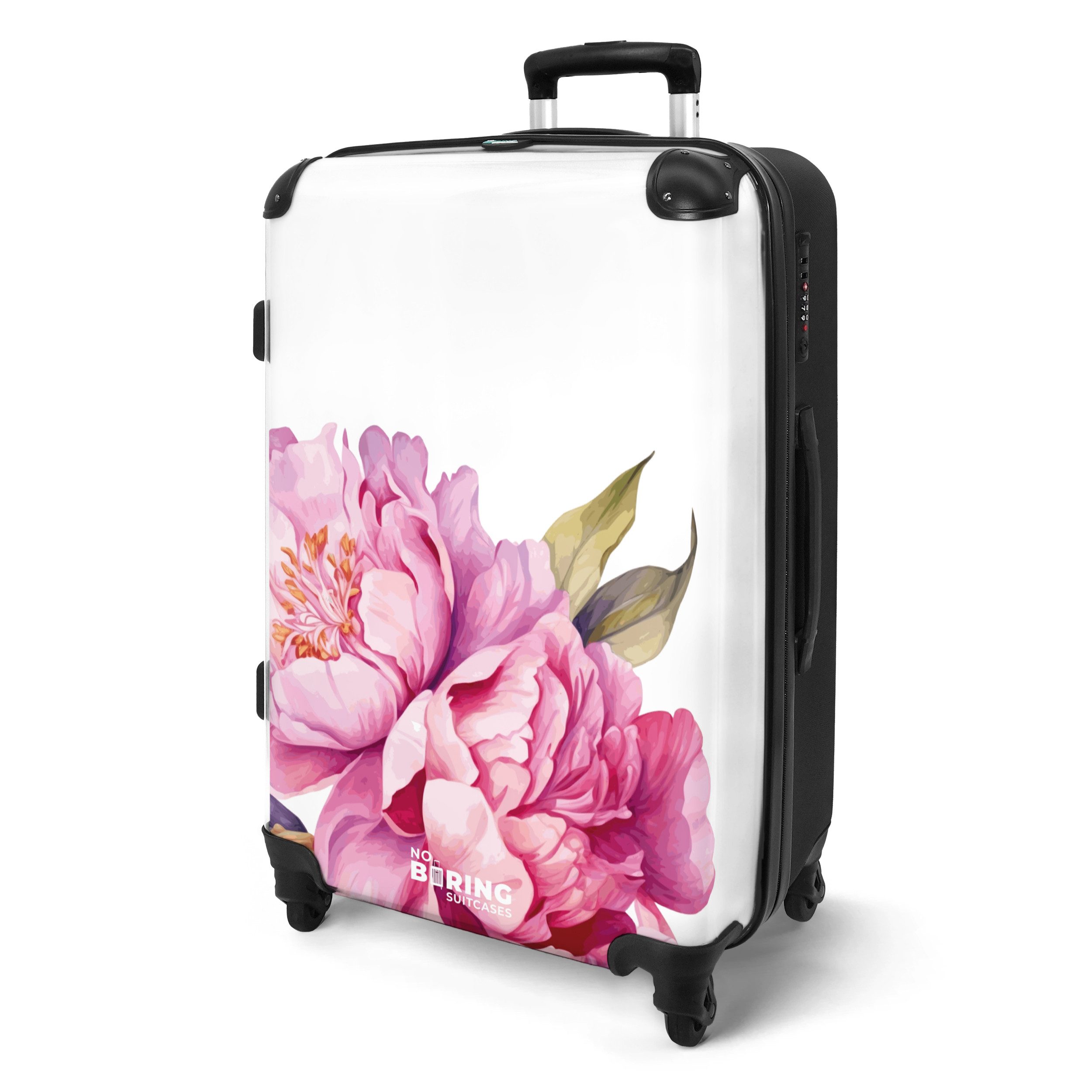 NoBoringSuitcases.com© Hartschalen-Trolley Weiß mit rosa Pfingstrosen günstig online kaufen