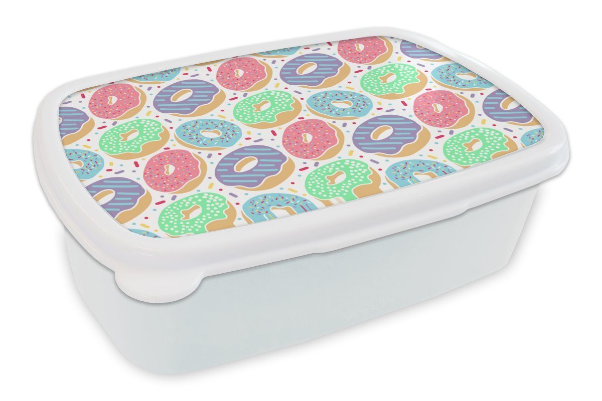 MuchoWow Lunchbox Donut - Muster - Pastell, Kunststoff, (2-tlg), Brotbox für Kinder und Erwachsene, Brotdose, für Jungs und Mädchen weiß | Lunchboxen
