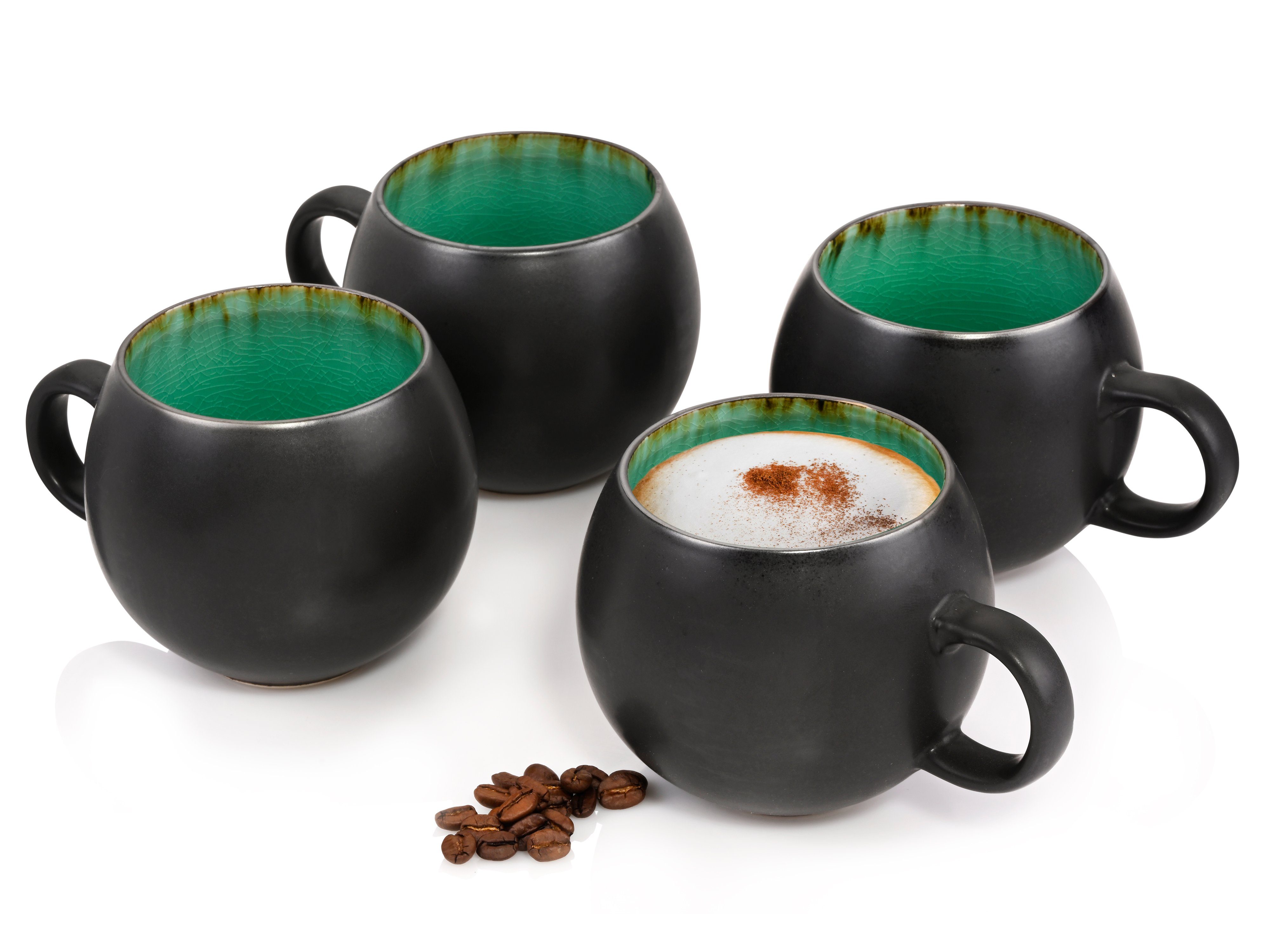 SÄNGER Cappuccinotasse 4 teilig, 4-tlg., Steingut, Grün Schwarz, 500ml, PREMIUM COLLECTION