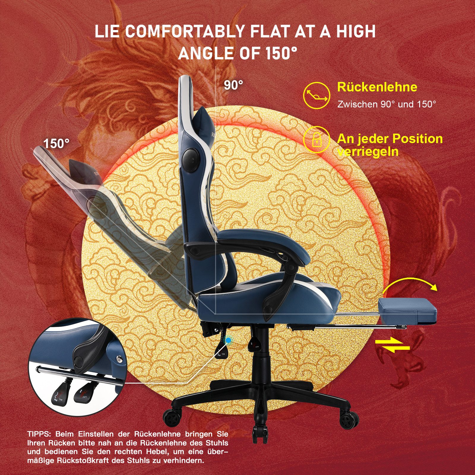 GTPLAYER Gaming-Stuhl Gamer Stuhl mit Bluetooth-Lautsprechern und Fußstütze, Dragon Series, Bürostuhl, Ergonomischer Gaming-Stuhl, Drehsessel, Computerstuhl