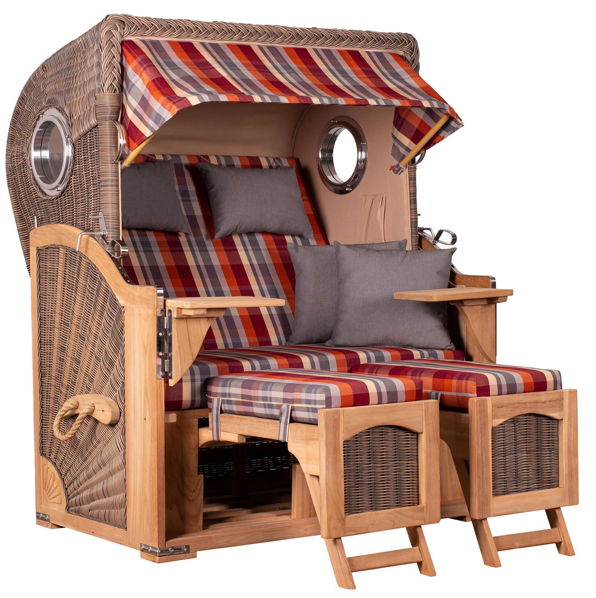 MR.DEKO Strandkorb Düne 2-Sitzer Teak Bullauge wetterfest PE-Geflecht grey, BxTxH: 125x80x170 cm, Düne, Düne, (Fertig montierter Strandkorb für Garten, Terrasse & Balkon), Wetterfester Volllieger mit Edelstahlbeschlägen & waschbaren Polstern