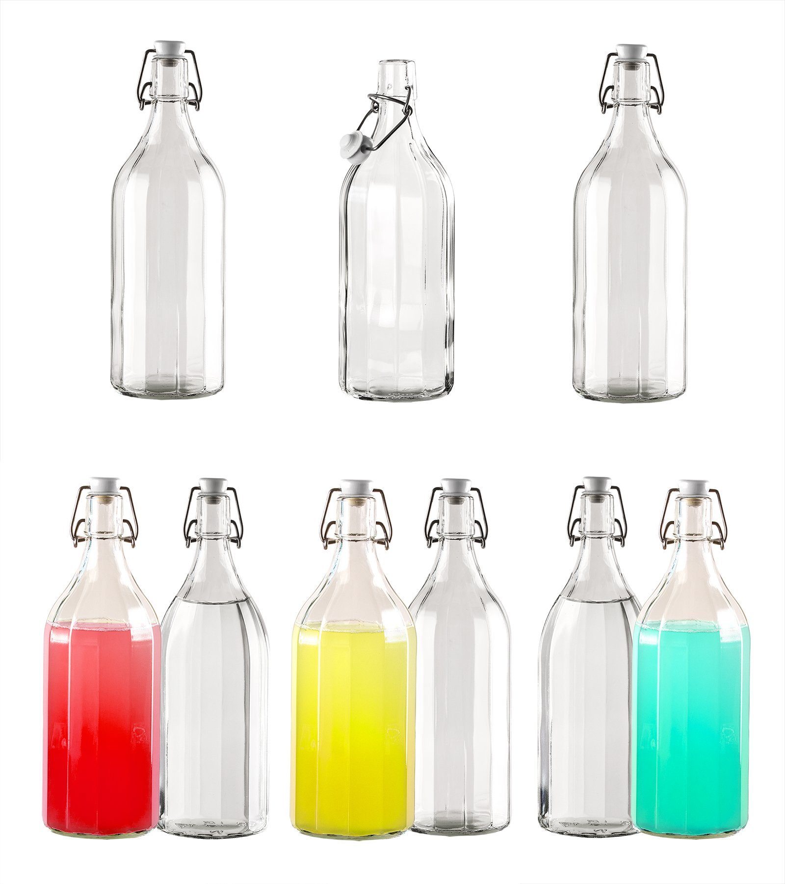BigDean Trinkflasche 9x 12−Kant Glasflasche mit Bügelverschluss 1 Liter −  Draht−Bügelflasche zum Einkochen − Mit Gummidichtung luftdicht − Made in  Germany
