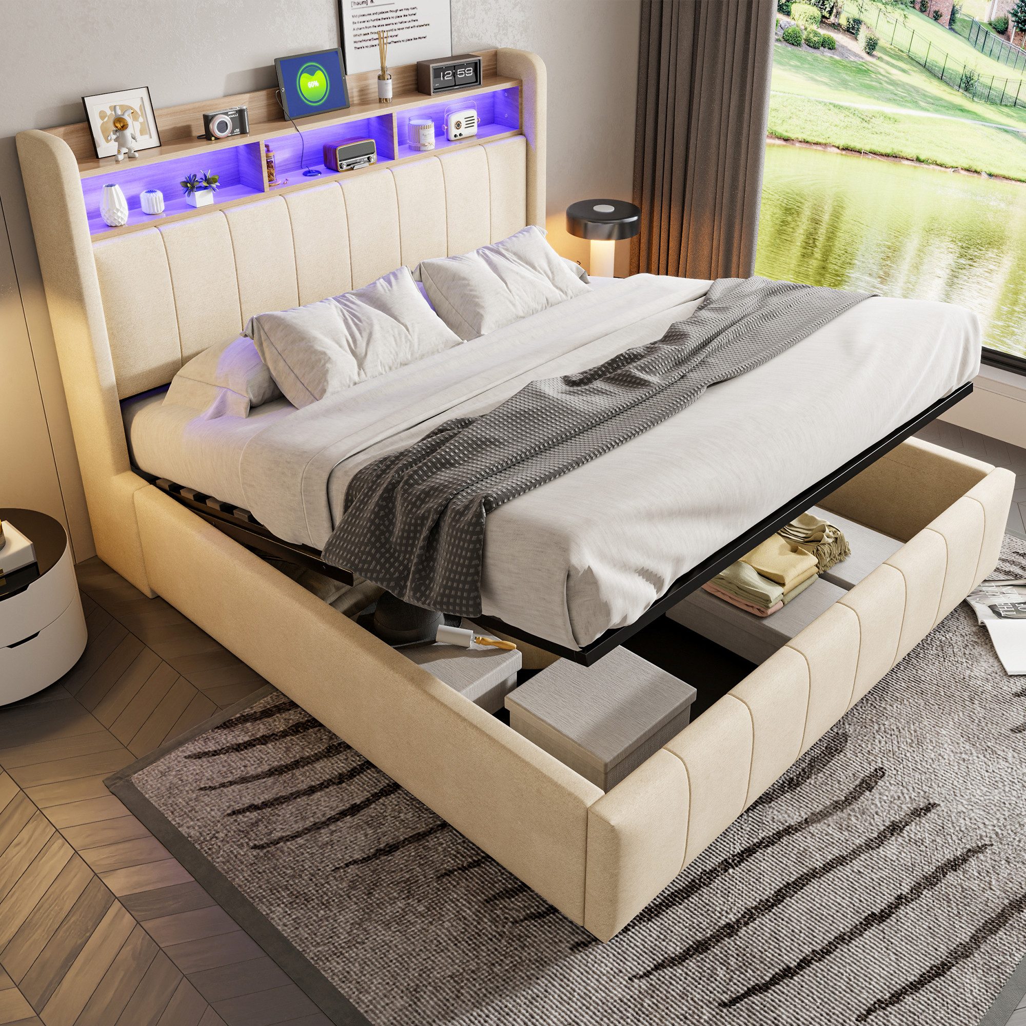 STILVORA Polsterbett 160×200 Funktionsbett mit LED & Steckdose,Stauraumbett ohne matratze (Polsterbett,mit LED-Beleuchtung & USB-Anschluss, hydraulisches Stauraum-System und Kopfteil mit Einlegeböden., 160 x 200 cm), ohne Matratze