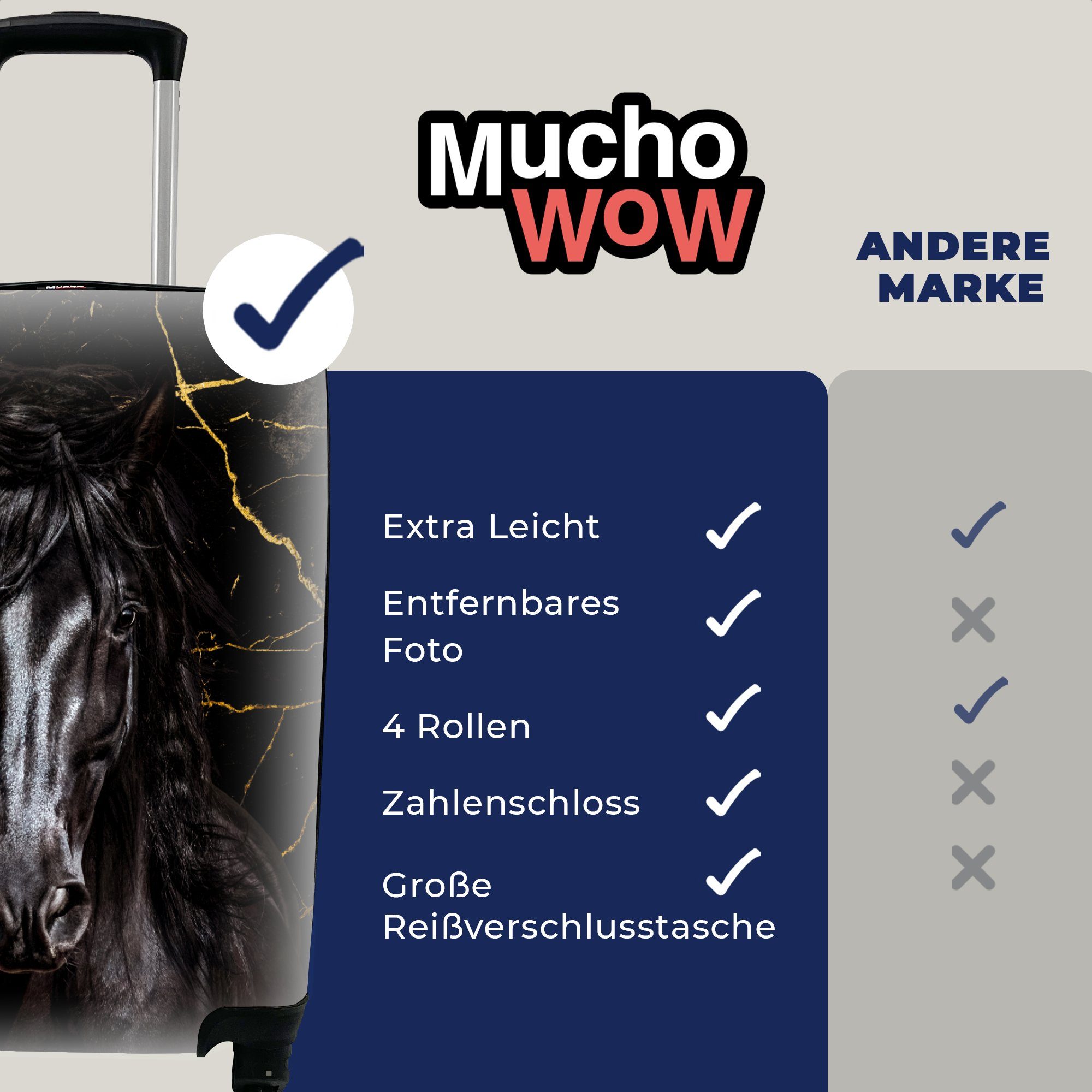 MuchoWow Handgepäckkoffer Pferd - Gold - mit Ferien, Trolley, Reisetasche Reisekoffer Marmor, 4 rollen, für Handgepäck Rollen