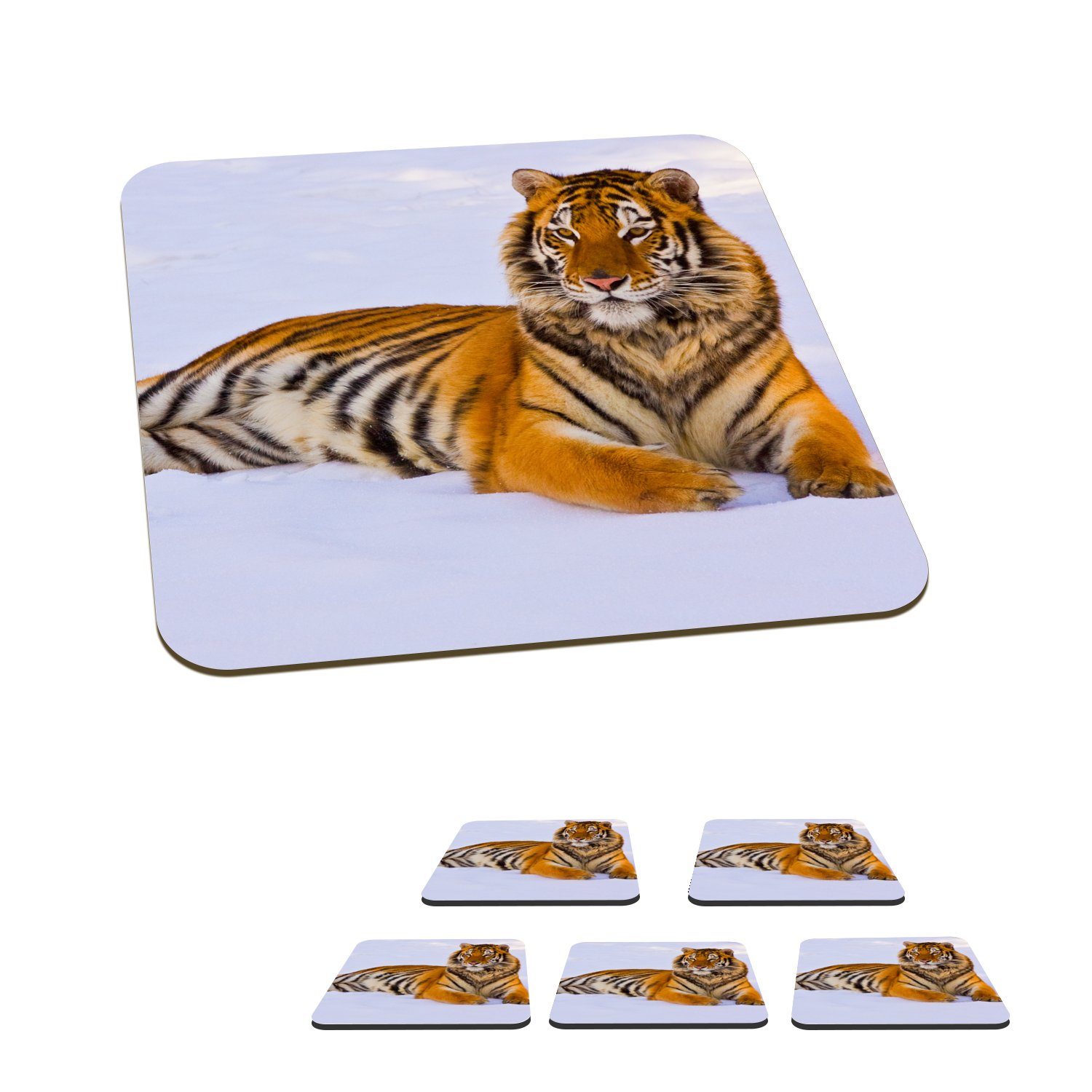MuchoWow Glasuntersetzer Tiger - - Tiere, 6-tlg., Schnee - für Winter Tischuntersetzer, Untersetzer, Korkuntersetzer, Tasse Glasuntersetzer, Gläser, Zubehör