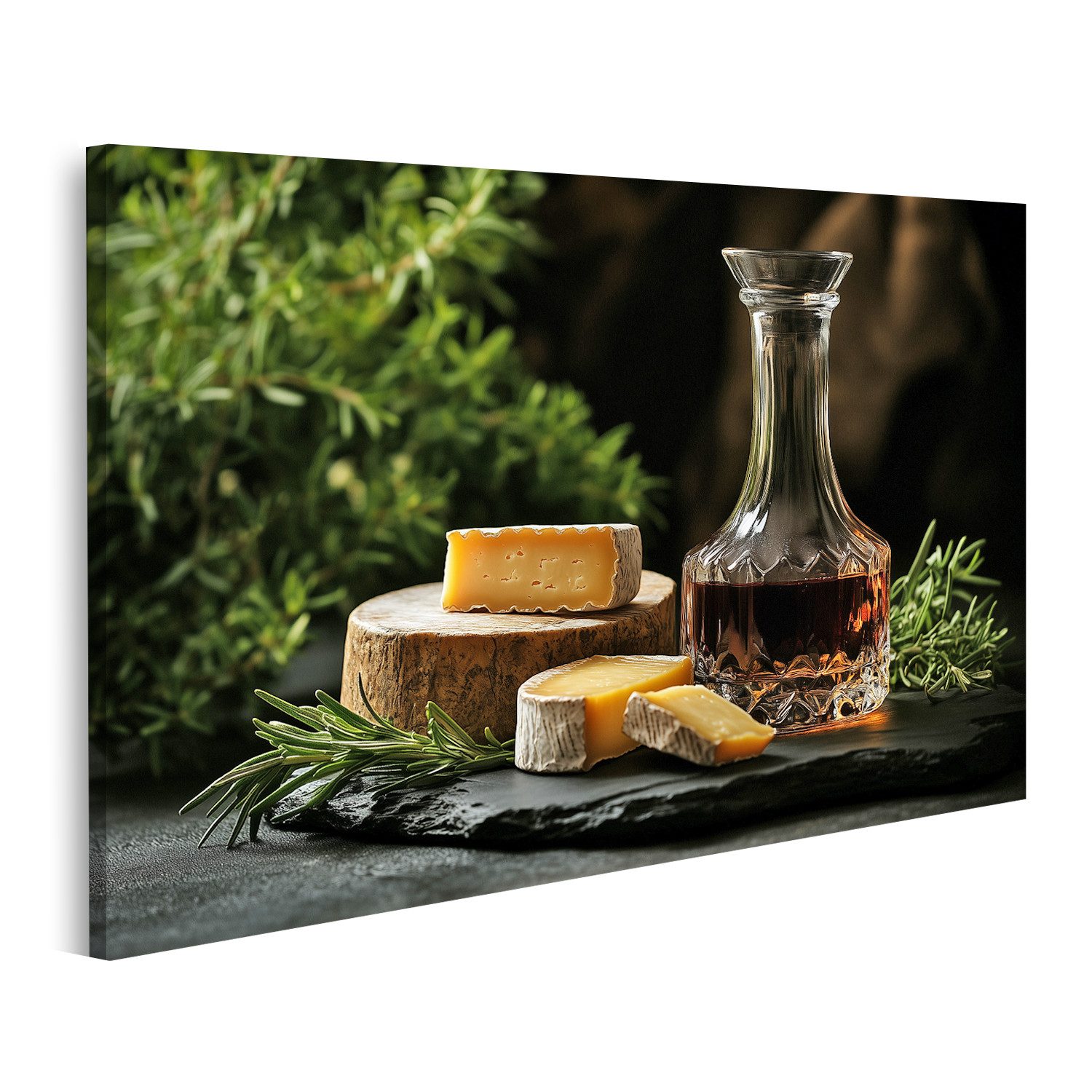 islandburner Leinwandbild Edler Käse und Whisky auf Holzunterlage mit Rosmarin