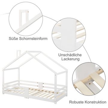 JOIVI Kinderbett Holzbett, Bettgestell, Kiefernholz, Haus Bett (mit Rausfallschutz, keine Boxspring erforderlich), Hausbett mit Schornstein