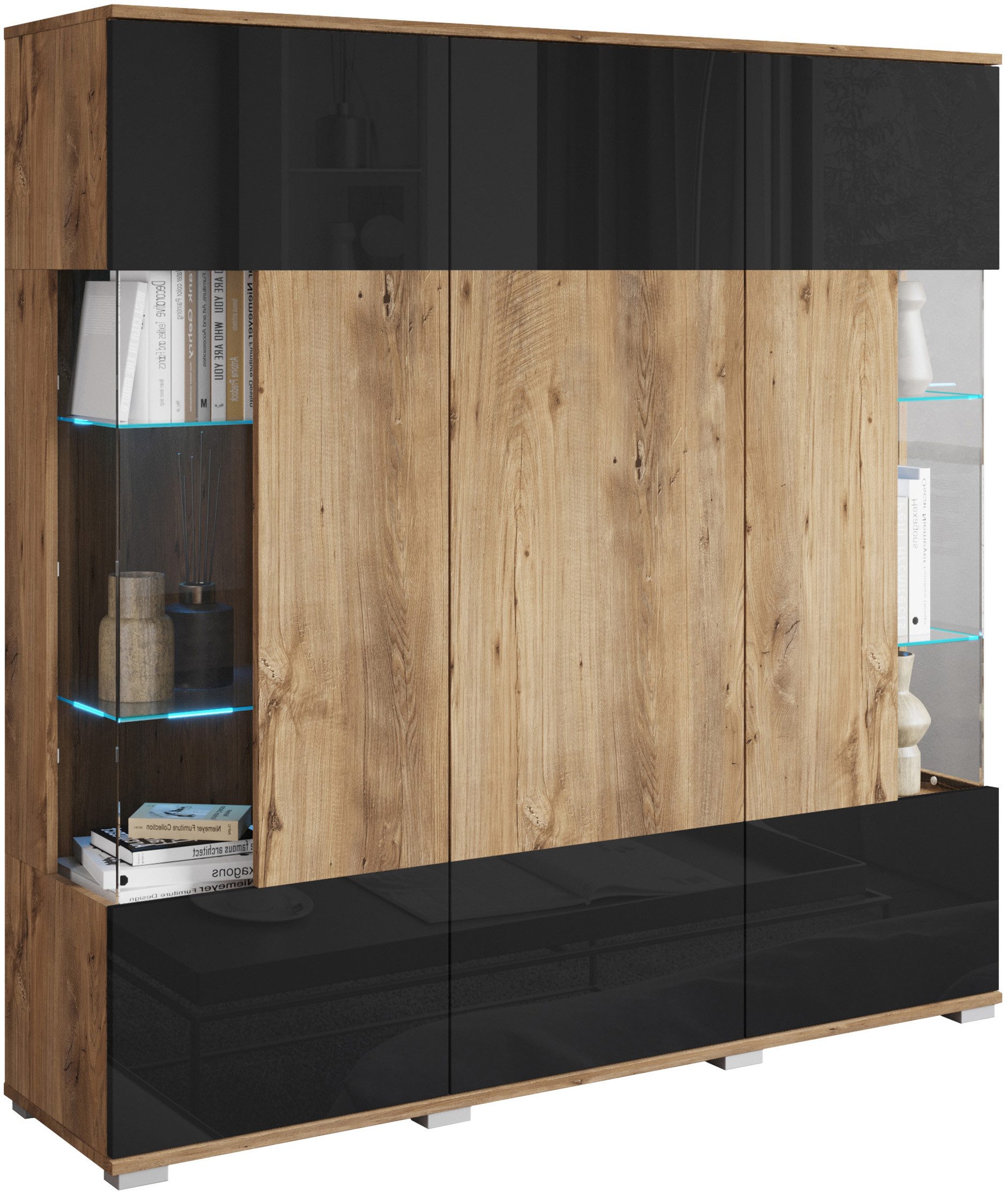 Highboard KENIA Kastanien Breslau / Schwarz Hochglanz - tolles Design