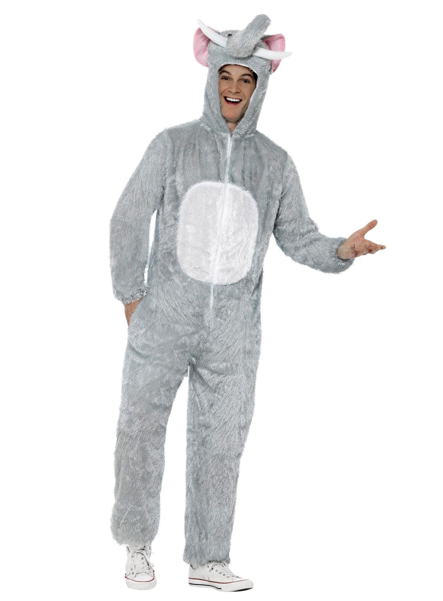 Smiffys Kostüm Flauschiger Elefant Kapuzenoverall Kostüm, Gemütlicher Einteiler mit Tierkapuze