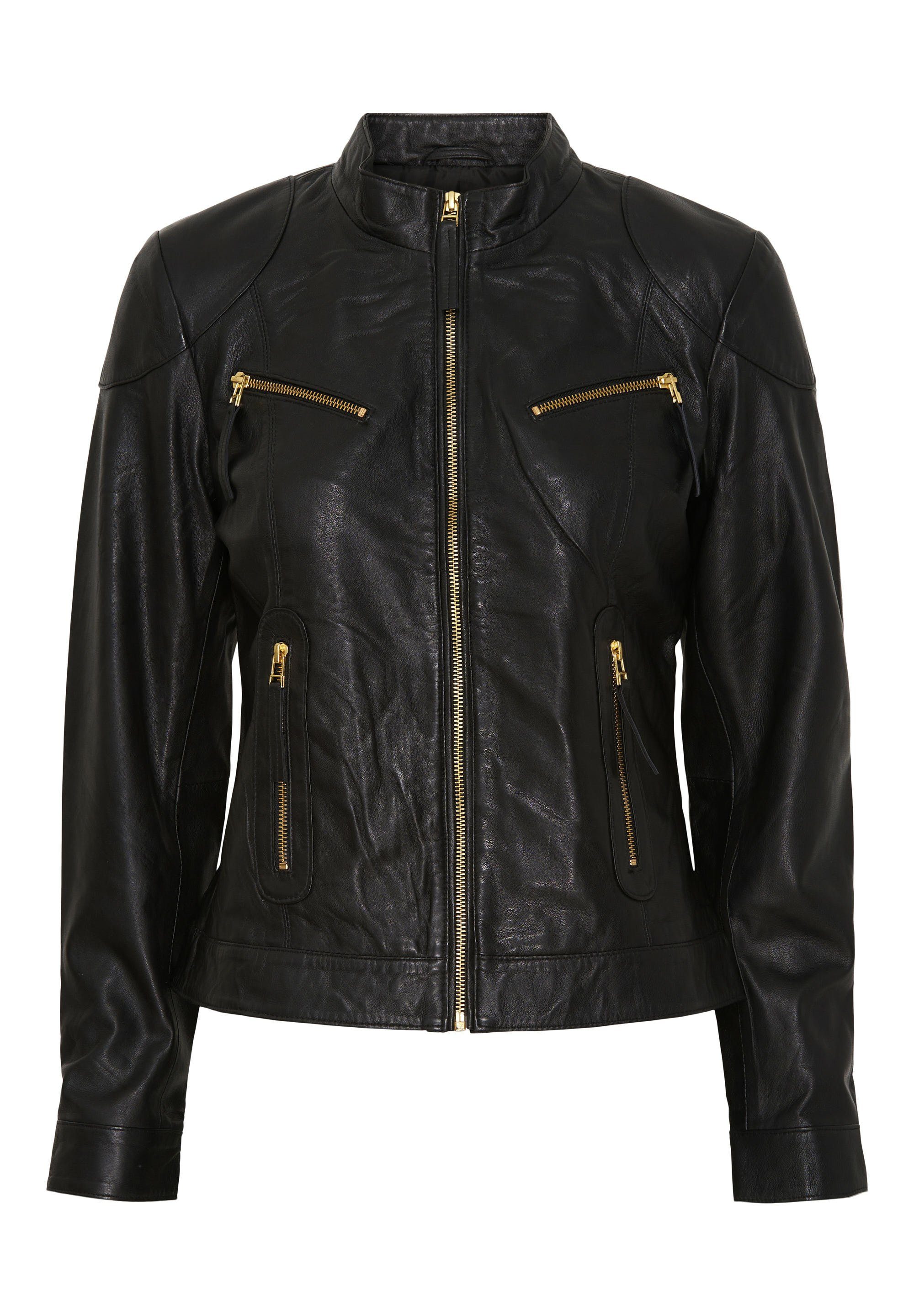 black/gold Bikerjacke Lederjacke, Reißverschluss, NoBella NOTYZ Reißverschlusstaschen
