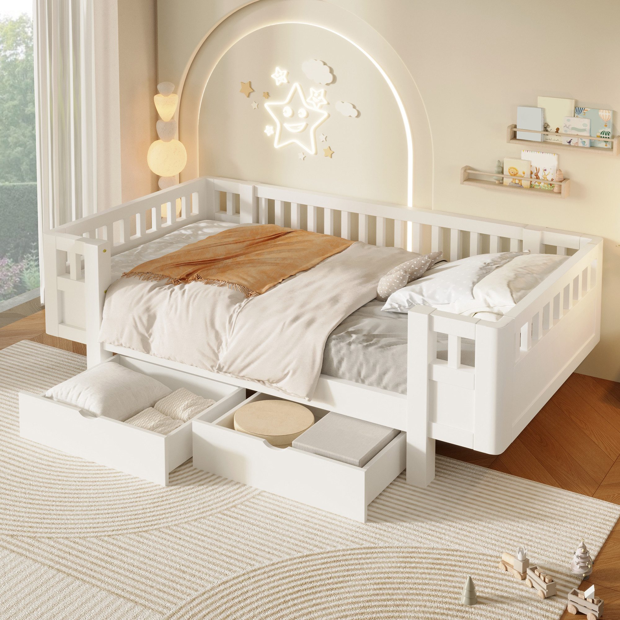 Flieks Massivholzbett, Kinderbett 90x200cm mit 2 Schubladen und Schutzgitter