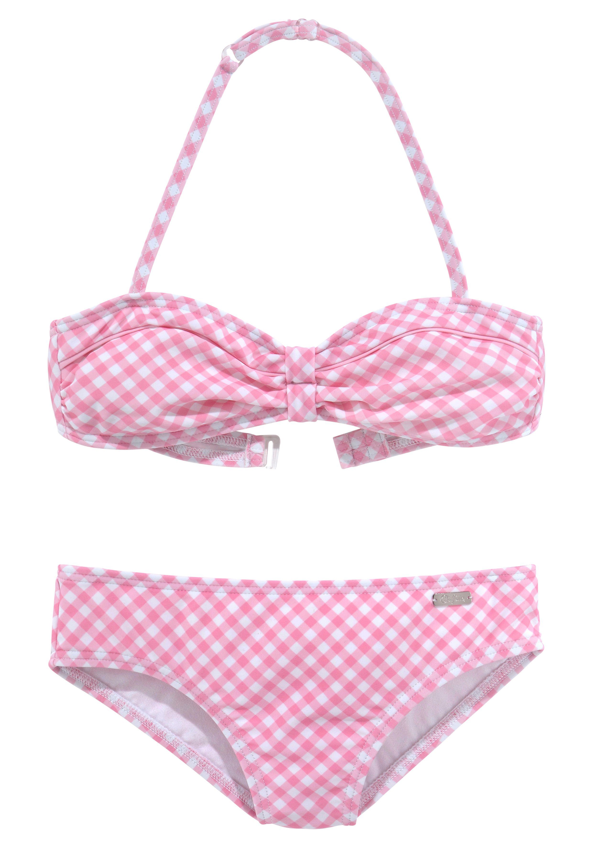 Buffalo Bandeau-Bikini unifarbenen Details mit rosa-weiß Karo Kids