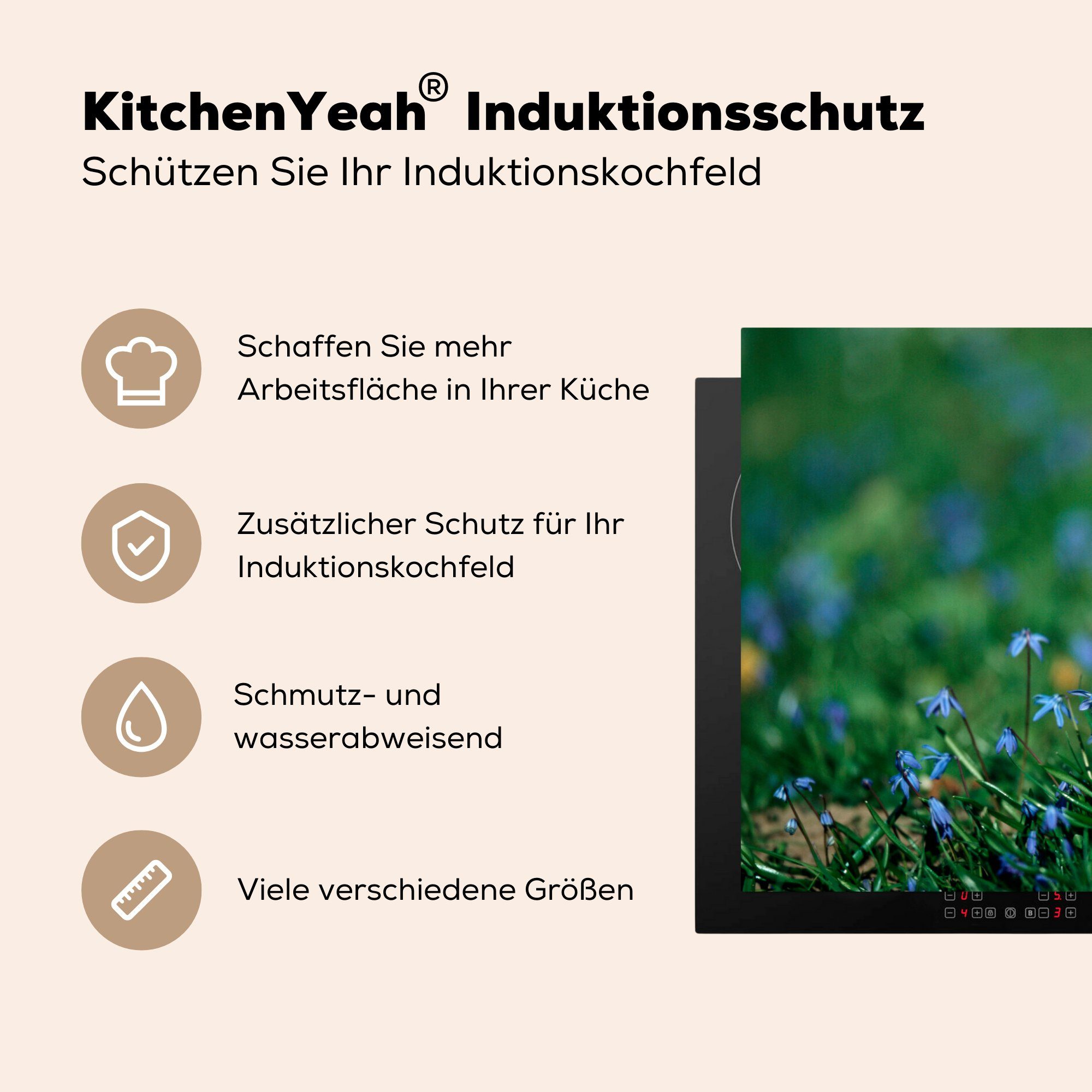 MuchoWow Herdblende-/Abdeckplatte Eichhörnchen - Blumen Vinyl, für Blau, die cm, Ceranfeldabdeckung tlg), Induktionskochfeld Schutz - küche, (1 81x52