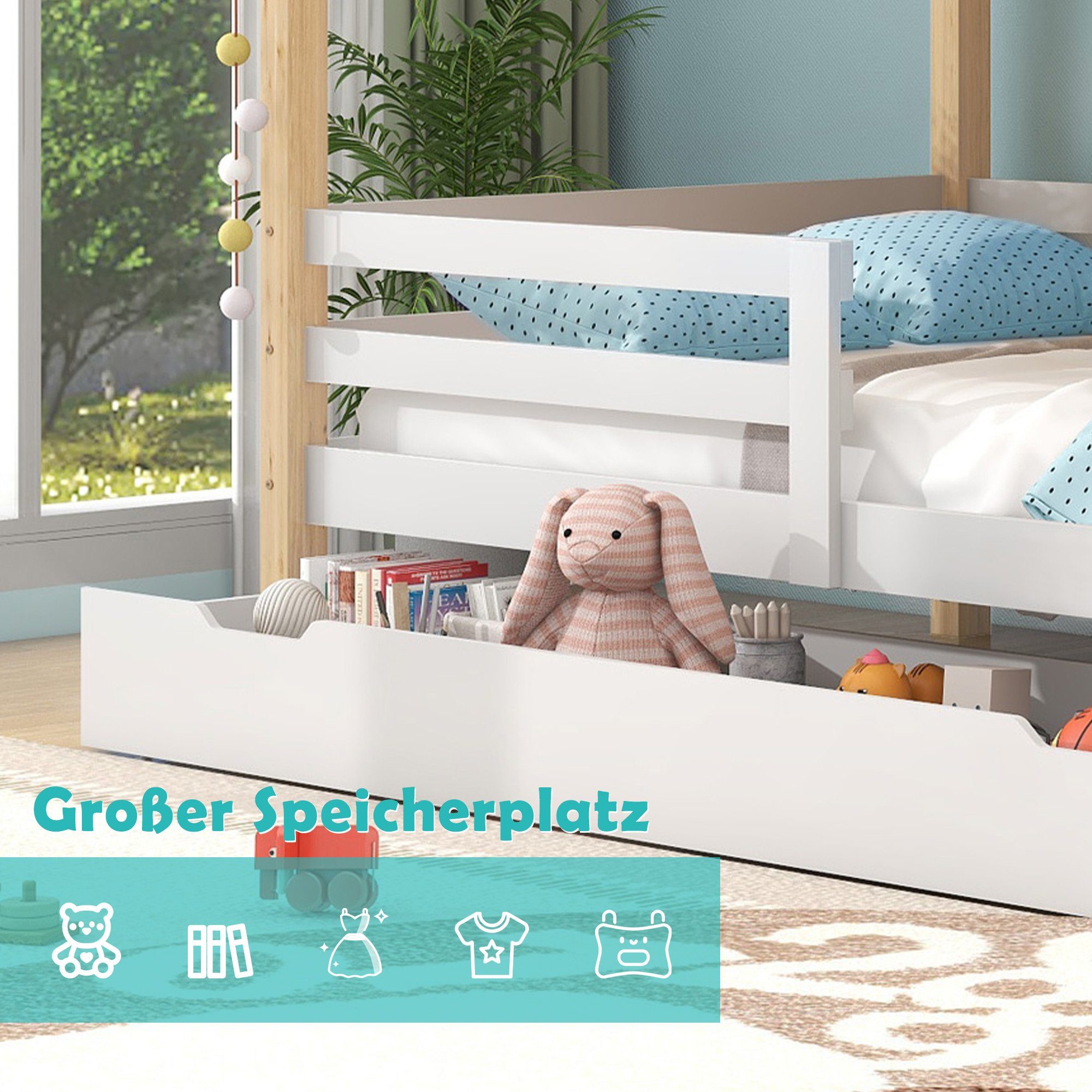 Etagenbett, Kinderbett mit großen Schublade 90*200cm, Kiefernholz