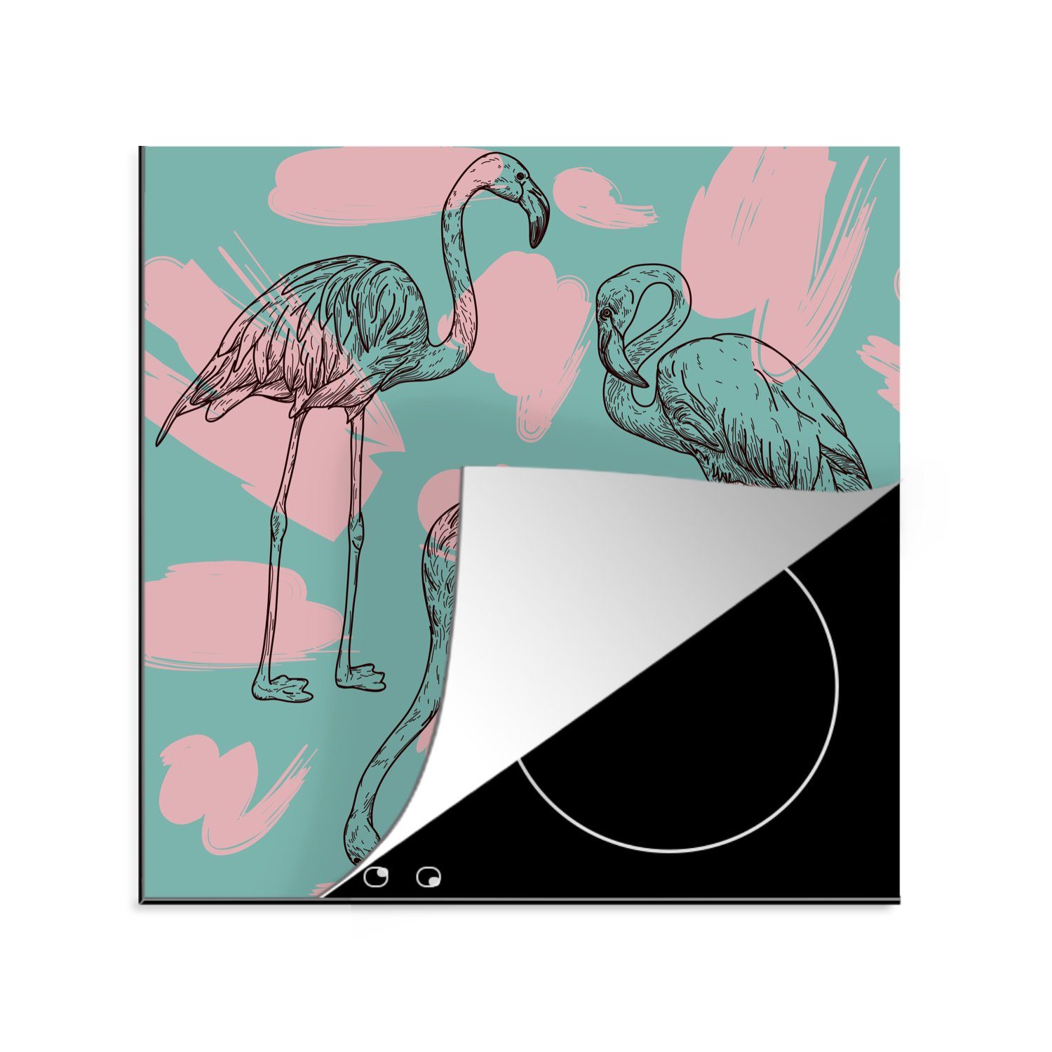 MuchoWow Herdblende-/Abdeckplatte Eine Illustration von Flamingos vor einem blauen Hintergrund in, Vinyl, (1 tlg), 78x78 cm, Ceranfeldabdeckung, Arbeitsplatte für küche