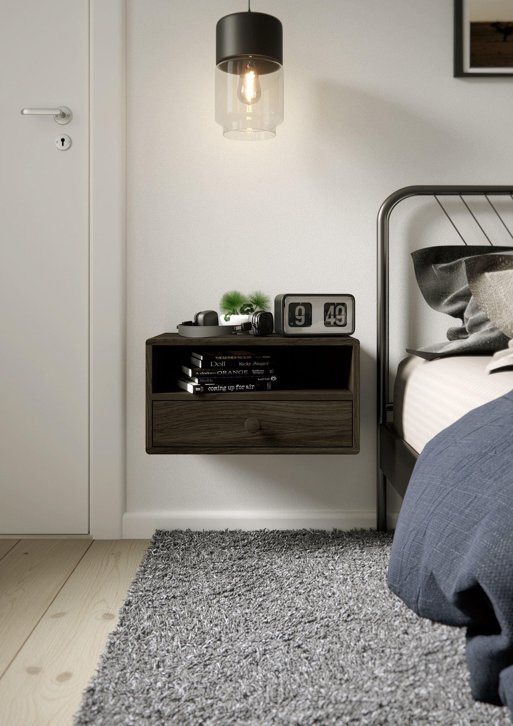 Woodek Design Nachttisch HOPE, skandinavischer und kompakter Nachtschrank (Ablagetisch aus schwarzer Birke, 1-St., schwebende und moderne Nachttischkonsole), Landhaus Nachtkommode mit Schublade