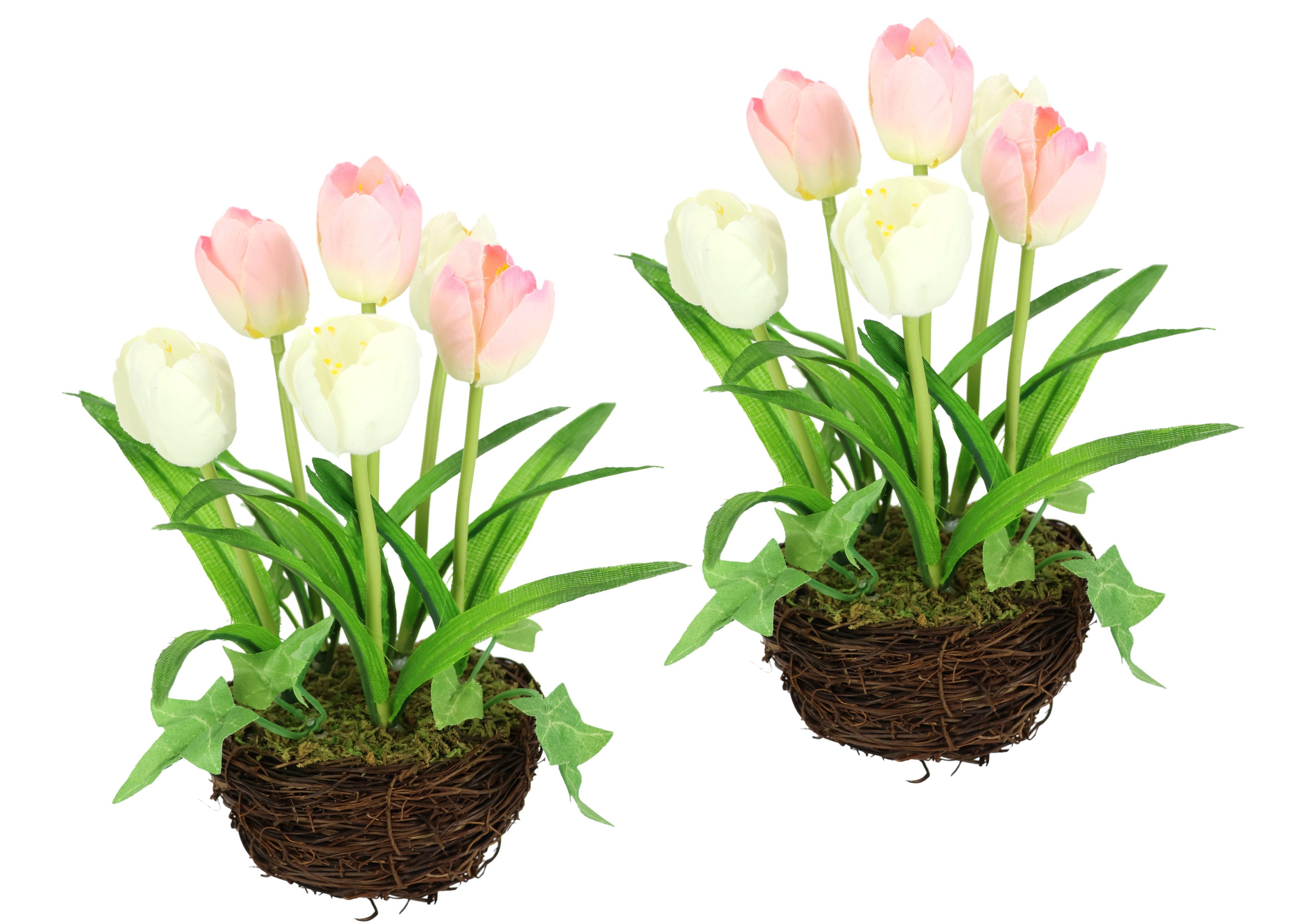 Kunstblume Gesteck Tulpe im Weidenest 2er Set 20cm Tulpe, I.GE.A., Höhe 20 cm, Kunstblume Blumen Frühjahrsdeko Osterdeko Seidenblume Zimmerpflanze
