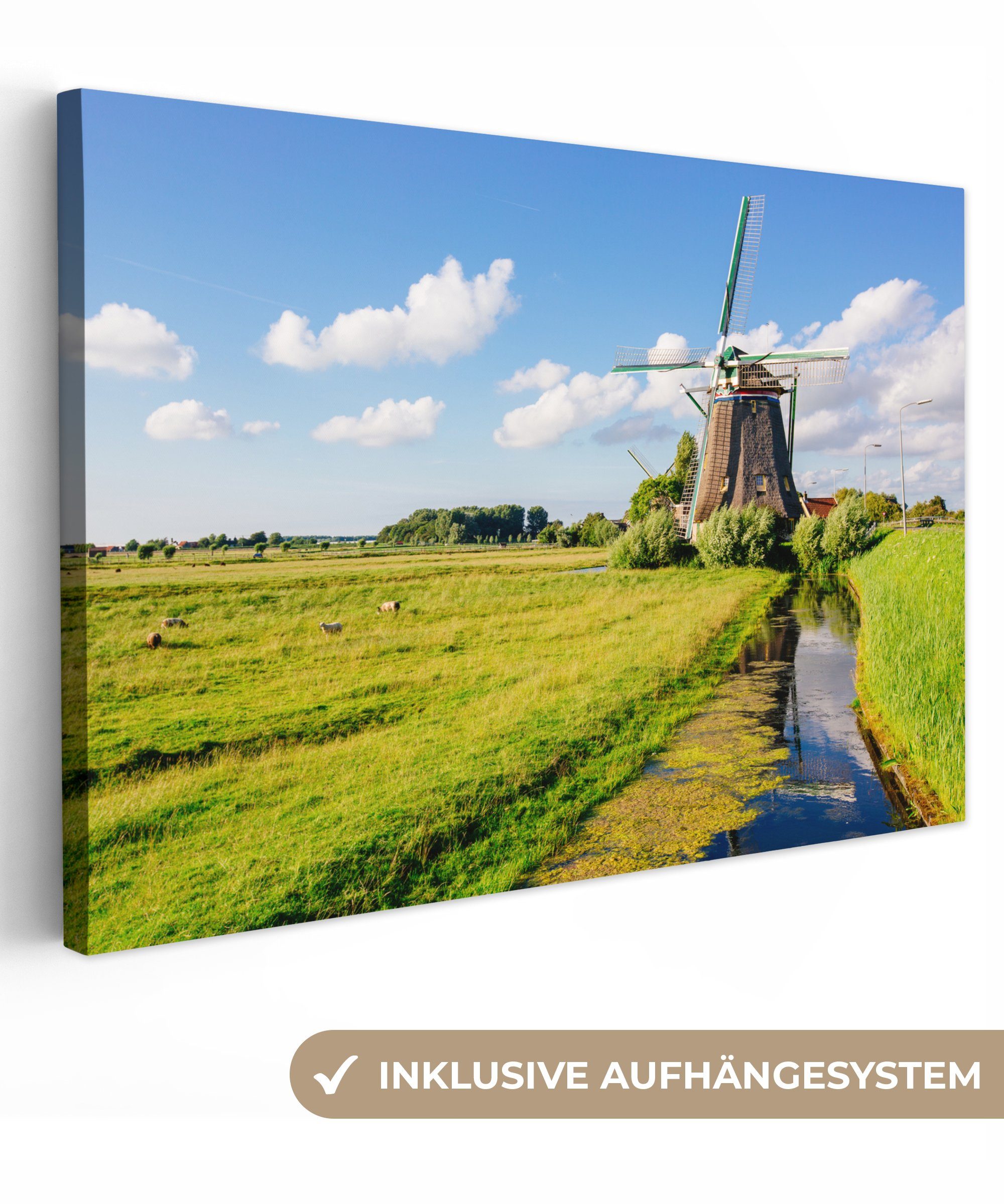 OneMillionCanvasses® Leinwandbild Mühle - Gras - Niederlande, (1 St), Wandbild Leinwandbilder, Aufhängefertig, Wanddeko, 30x20 cm