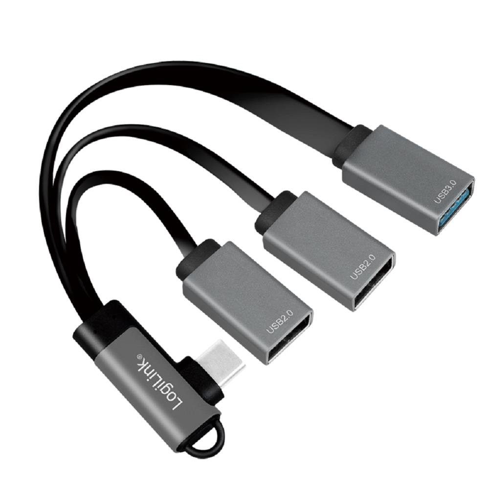 LogiLink Verteiler UA0361 USB 3.2 Gen 1-Hub, USB-C/M (90) zu 3x USB-A/F, Aluminium, schwarz/grau, 0,15 m