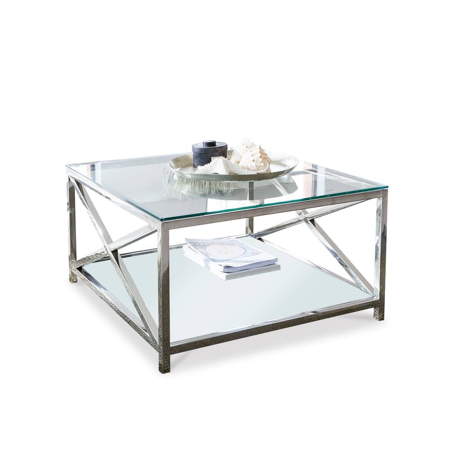 Mirabeau Couchtisch raffinierter Sofatisch Stamford mit x-förmigem Edelstahlgestell silber (hochglänzend & modern, herausnehmbarer Glasplatte, quadratisch), Wohnzimmertisch, Beistelltisch, B 80cm, H 45cm, T 80cm