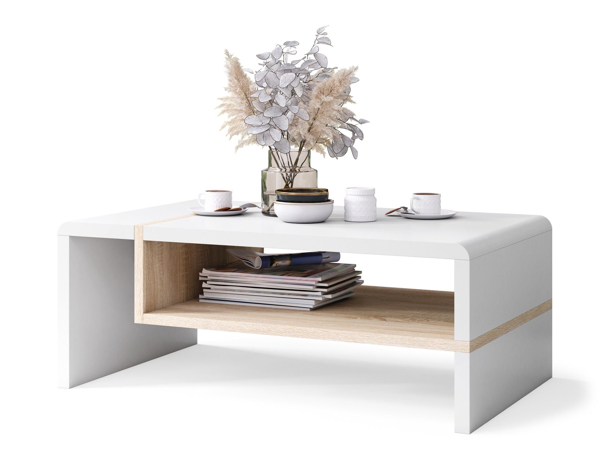 designimpex Couchtisch Ablagefläche 01 matt mit Eiche Couchtisch Tisch Weiß Wohnzimmertisch Folk / Sonoma