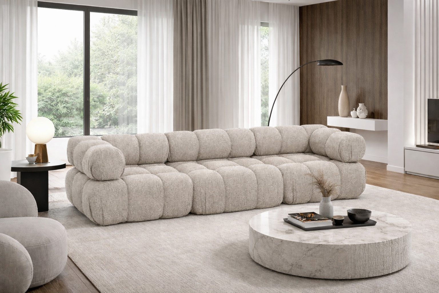 Kaiser Möbel Sofa Modulares 3-Sitzer-Sofa, gerade Couch, Bouclé-Stoff Abriamo, Selia, Bouclé-Stoff Abriamo,modulares System,weiche, abgerundete Form