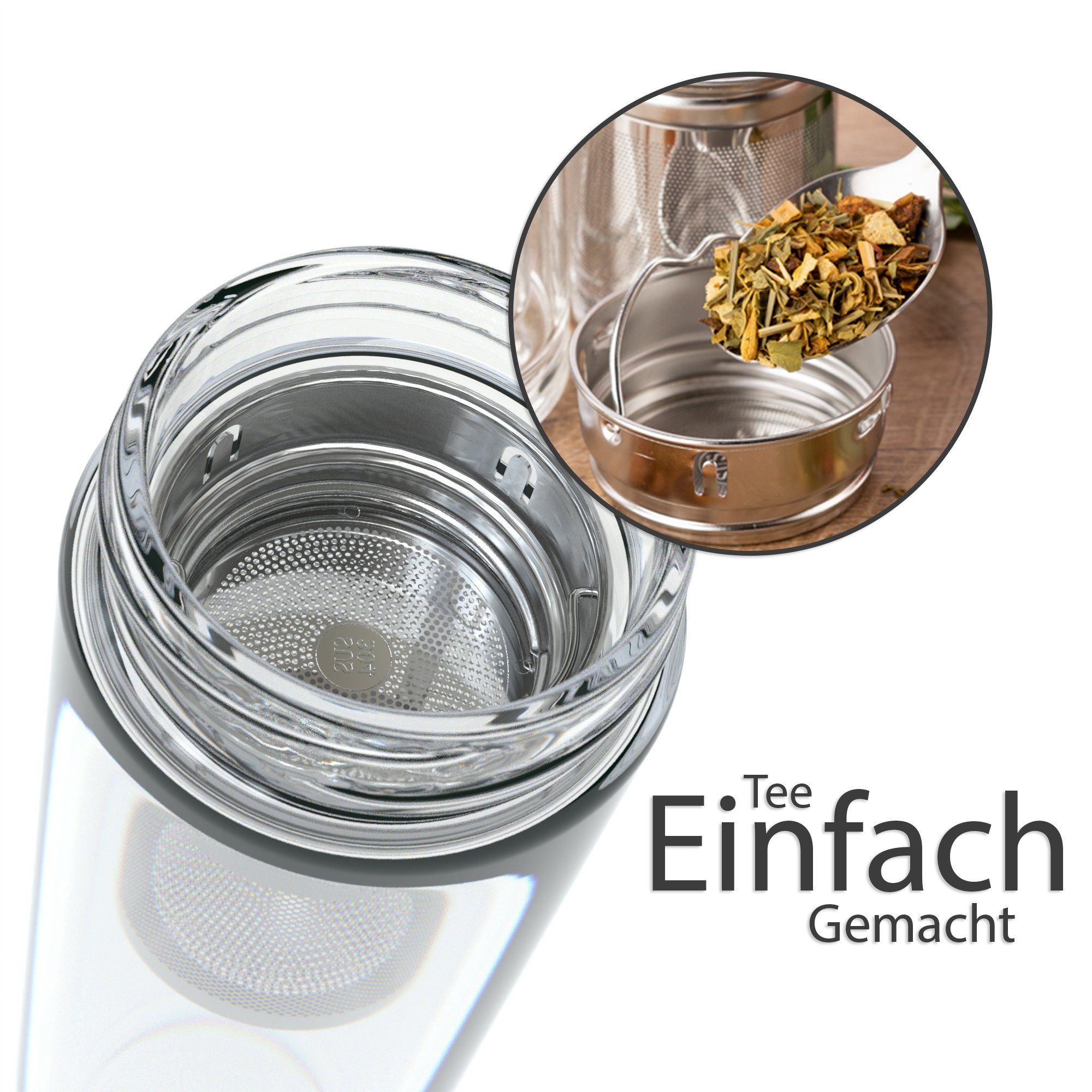 EAZY CASE Thermoflasche Thermo Trinkflasche mit Teesieb, Teeflasche Thermo Glasflasche To Go 500ml kälte hitzebeständig + Sieb – Bild 4 von 5
