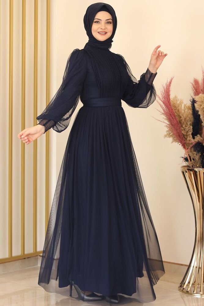 Langärmliges Navy-Blau Maxikleid Abiye Kleid Damenkleid Abendkleid Modavitrini Abaya Tüllkleid Hijab