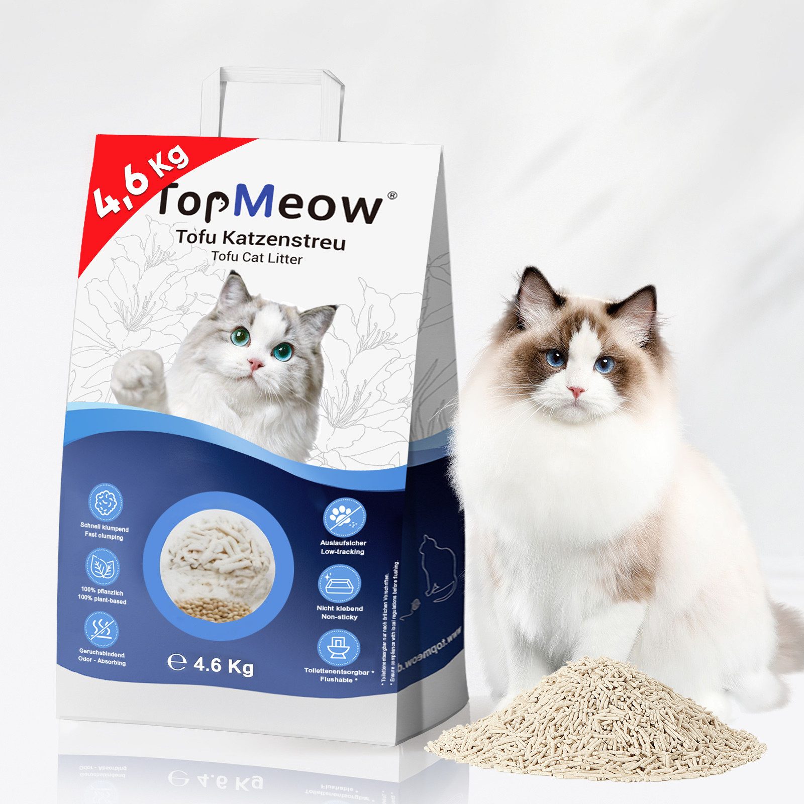 TopMeow Katzenstreu klumpend 18,4 kg, 100 % pflanzliche Tofu Katzenstreu (1-tlg., 4,6 kg tofu katzenstreu), staubarm, starke Geruchsbindung, für Mehrkatzenhaushalte
