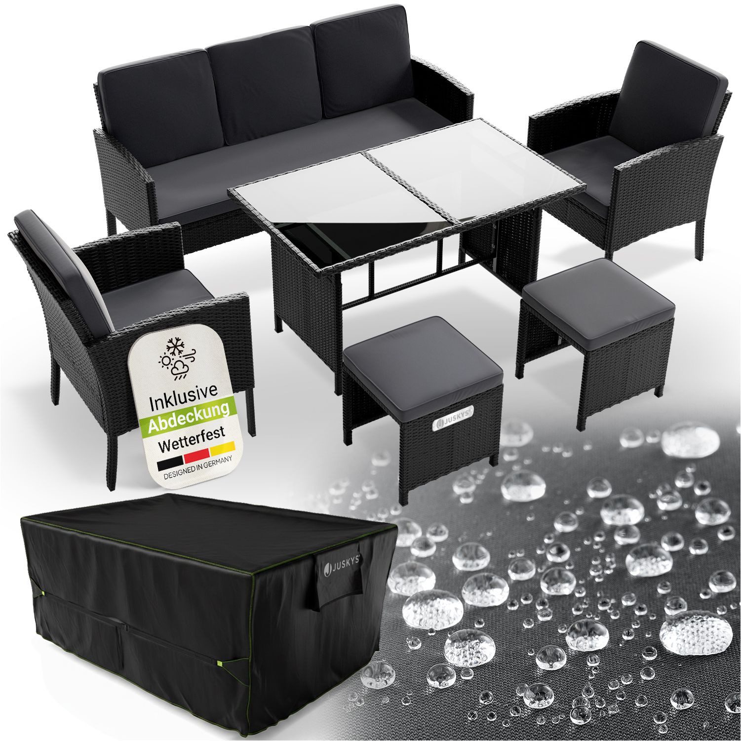 Juskys Gartenlounge-Set Turin, (6-tlg), Polyrattan Sitzgruppe für 7 Personen, Gartenmöbel inkl. Abdeckung