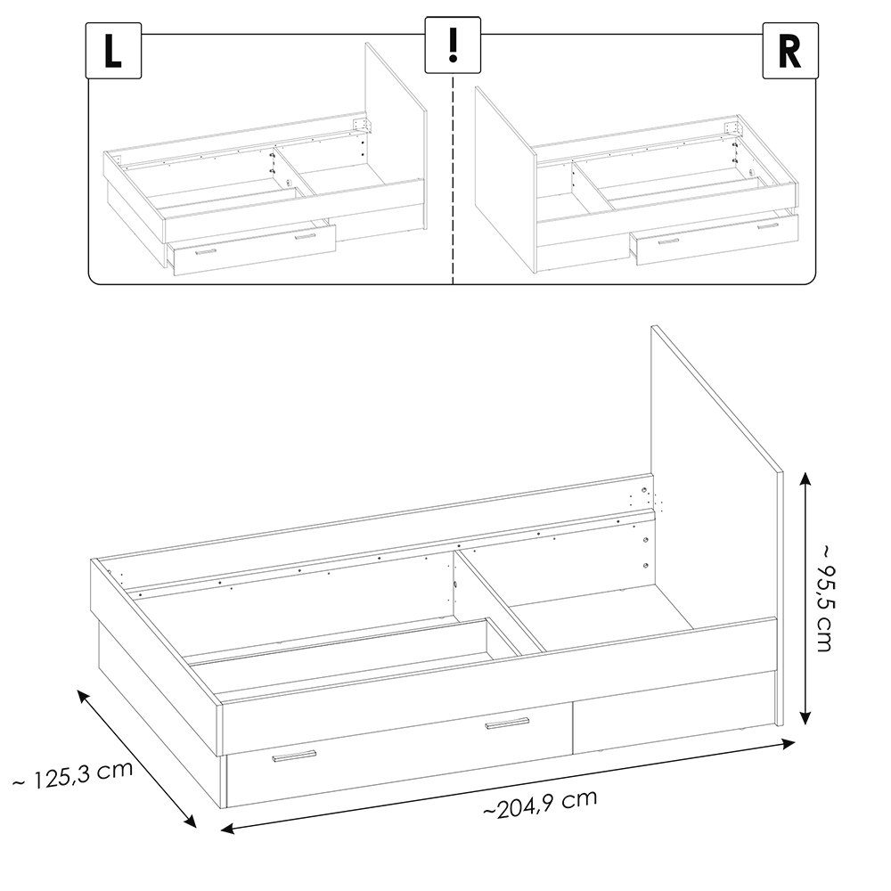 Lomadox Kinderbett Eiche 120x200 in cm mit grau, TOMAR-129, Bettschublade, mit weiß und