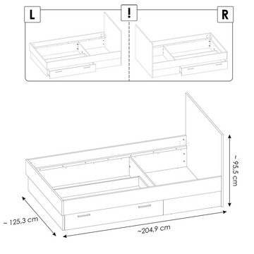 Lomadox Kinderbett TOMAR-129, dunkelgraues Kopfpolster, 120x200cm, Eiche mit weiß und grau