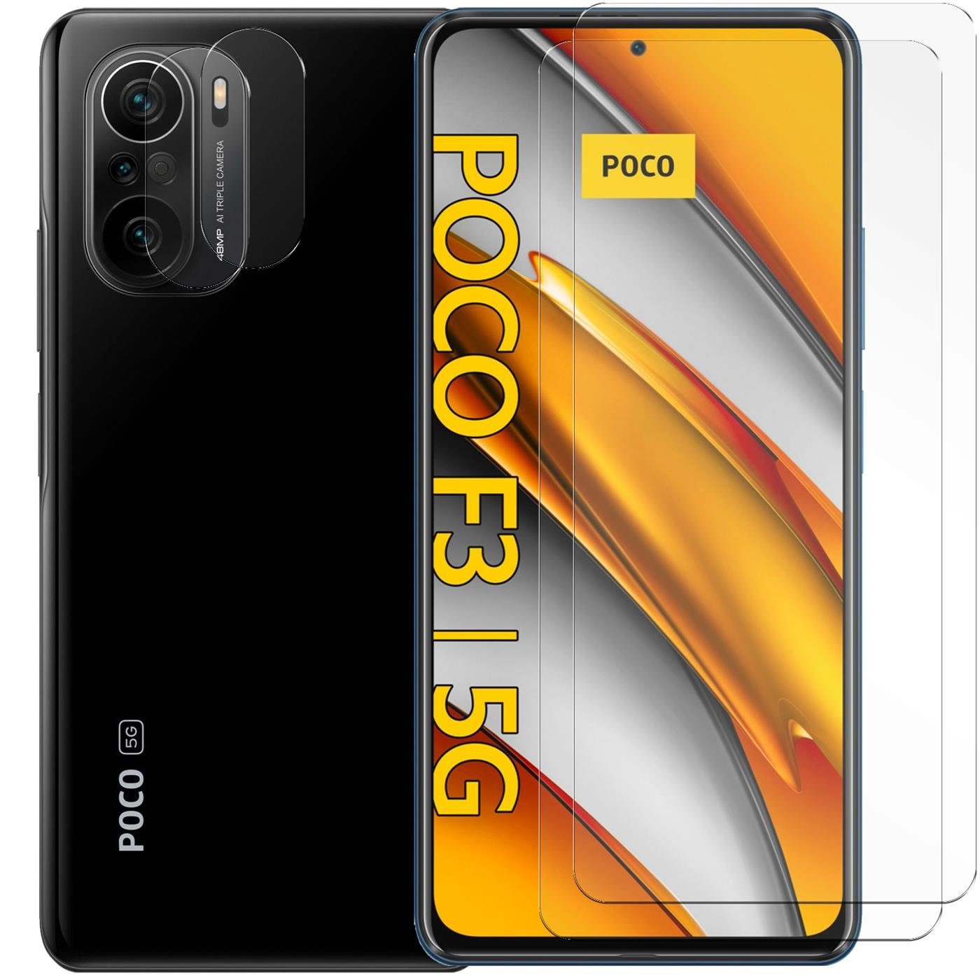 CoolGadget Schutzfolie Panzerfolie für Poco F3, (Spar-Set 4in1, 2x Displayschutz, 2x Kameraschutz), Panzerglas Schutzfolie für Xiaomi Poco F3 / Mi 11i Folie