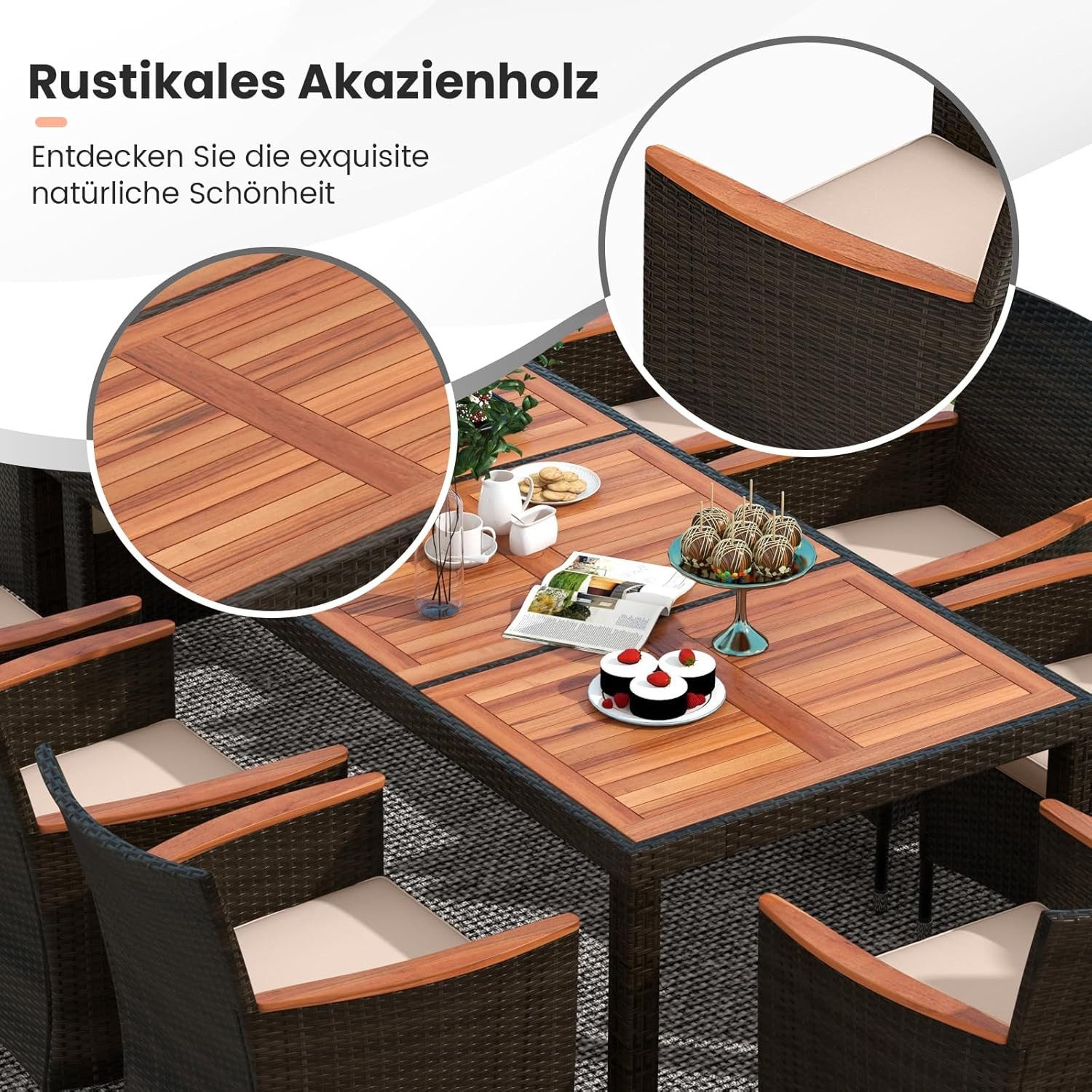 KOMFOTTEU Sitzgruppe Polyrattan Gartenmöbel Set, (9-tlg), mit breiter Armlehne & Sitzkissen