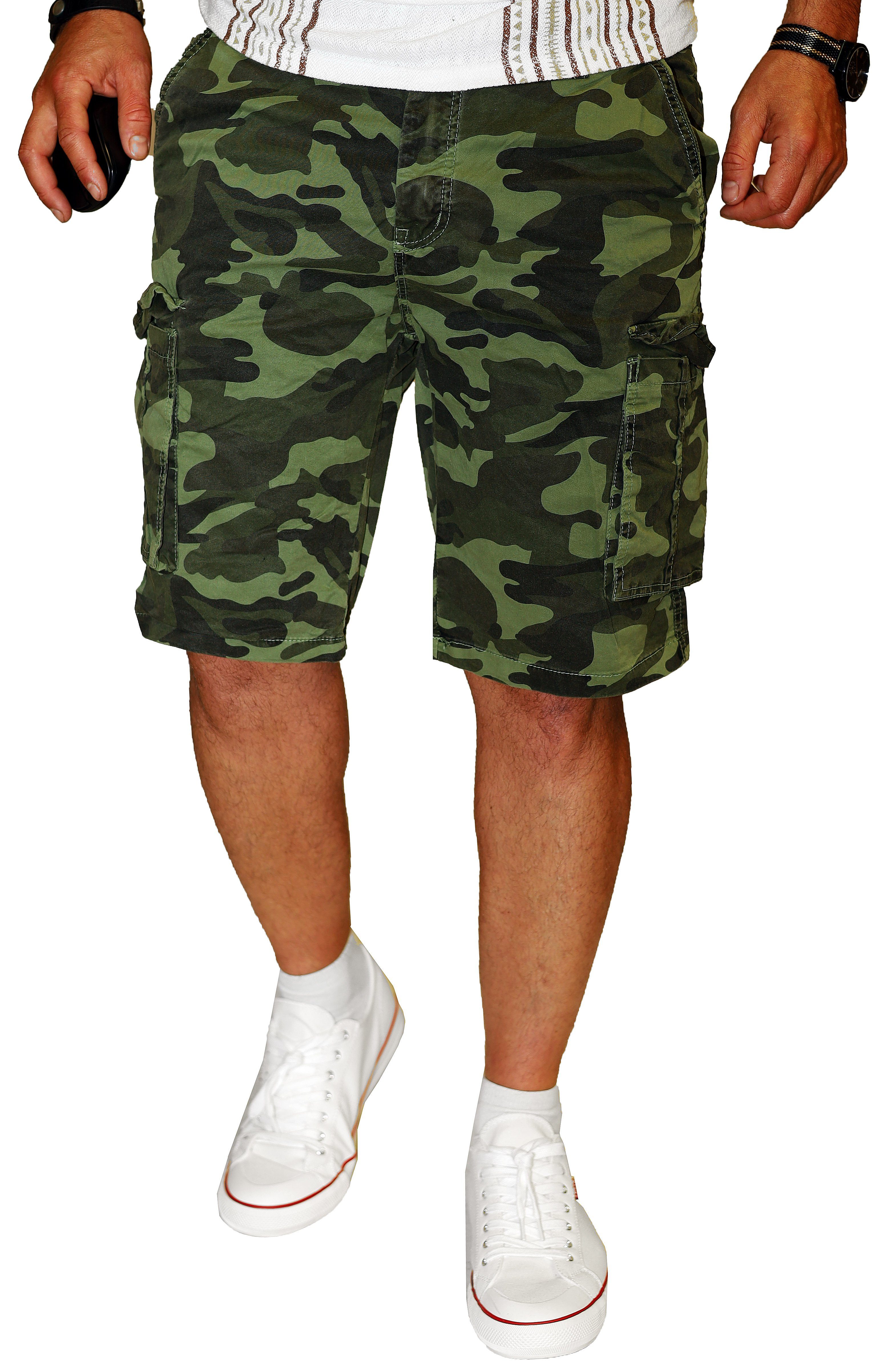 RMK Cargoshorts Herren Short Camouflage Bermuda kurze Hose Army Tarn Set in Tarnfarben, aus 100% Baumwolle Grün
