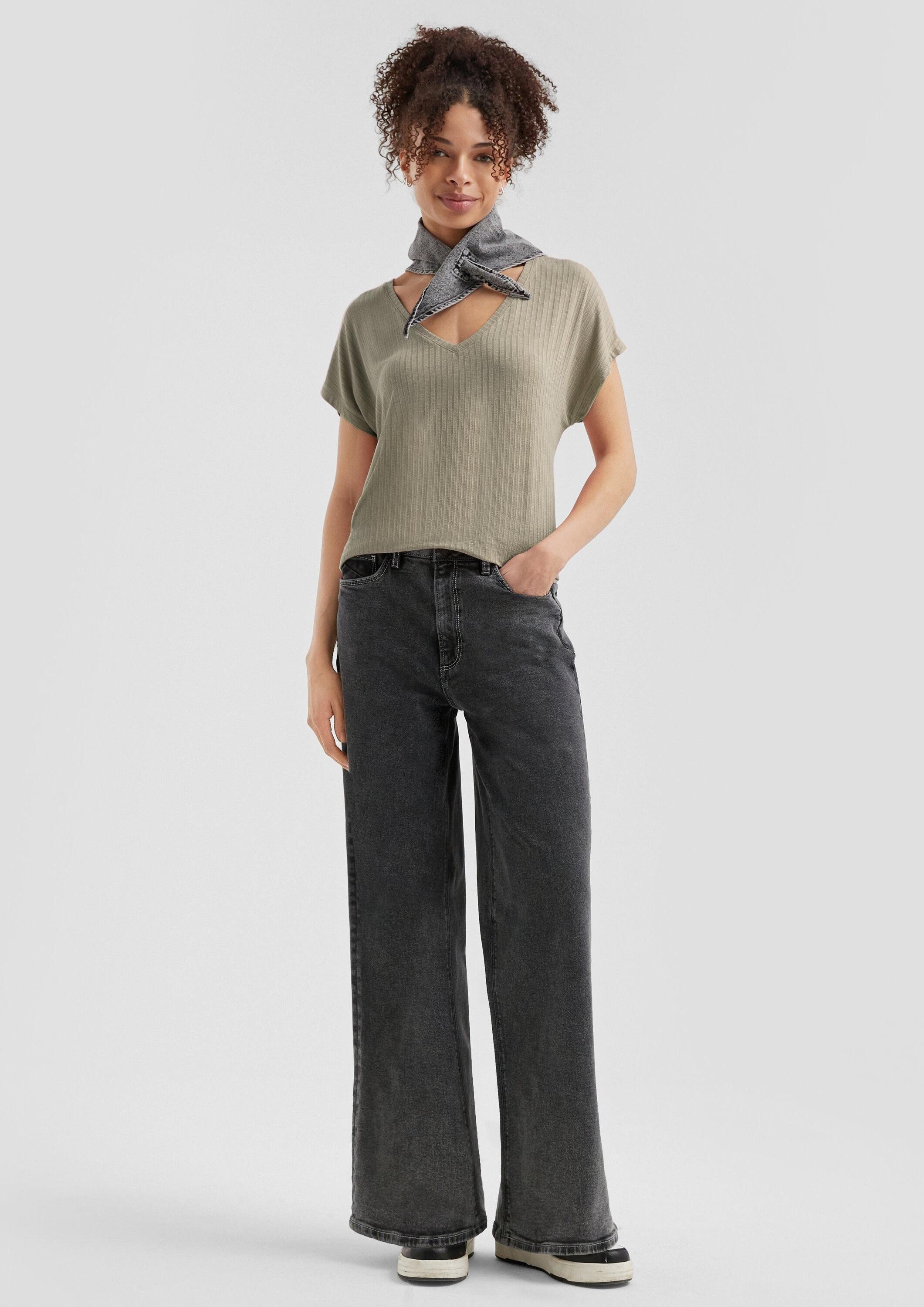 QS Kurzarmshirt T-Shirt Fließendes Oversize-Shirt mit Rippstruktur