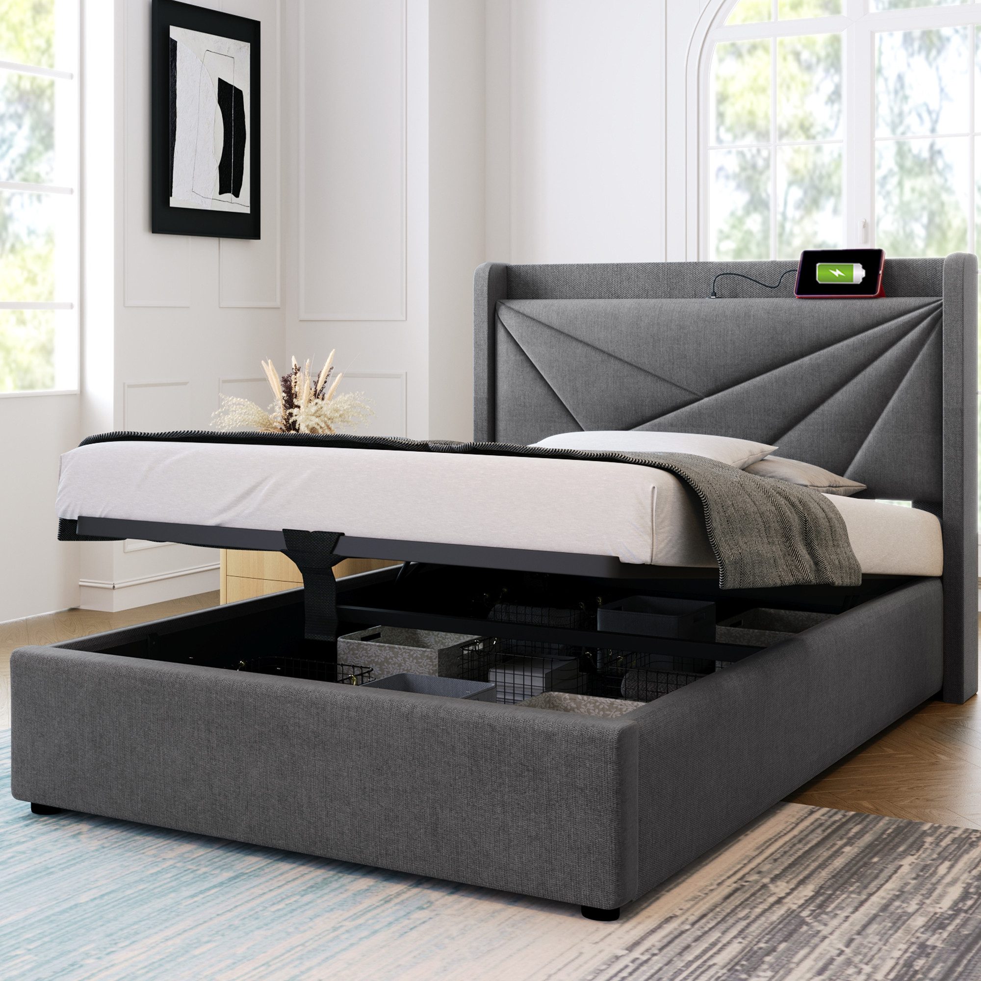 TavilaEcon Boxspringbett Einzelbett mit Stauraum Bettkasten und USB Typ C Ladefunktion, 90x200cm, aus Leinenmaterial, Grau