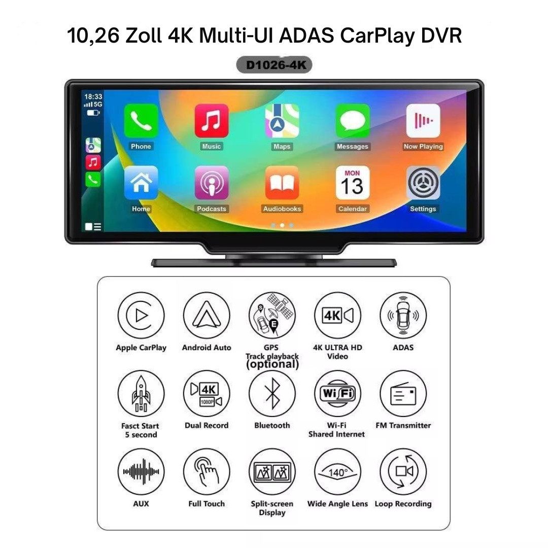 Goldstern-Tech 2 in 1 DriveEye Vision Navigation Dashcam (4K Ultra HD, Bluetooth, WLAN (Wi-Fi), FM-Tranmitter, mit GPS, Nachtsicht, Kabelloses Apple CarPlay & Android Auto, inkl. AHD Rückfahrkamera, Plug & Play Installation)