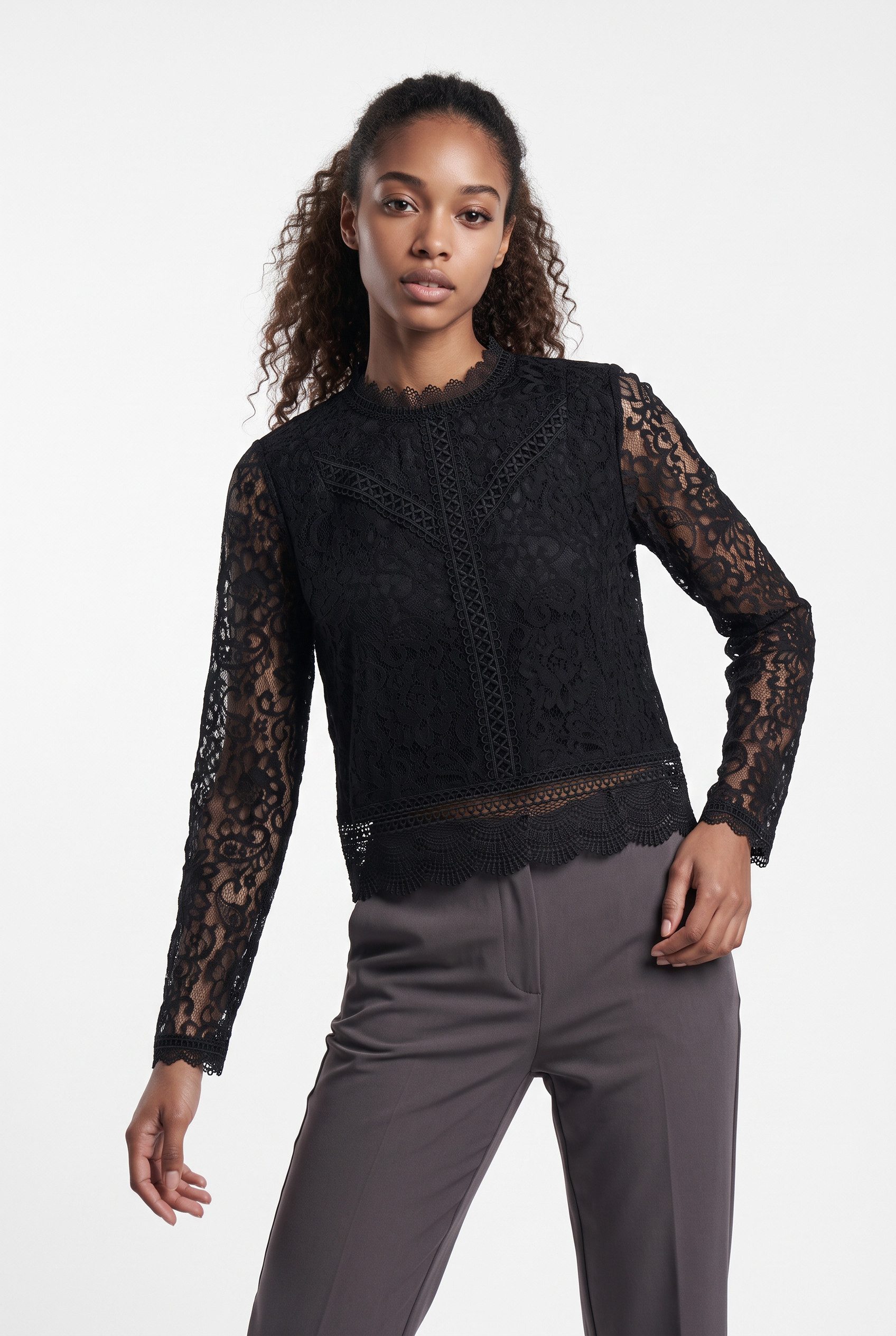 ONLY Spitzenshirt ONLNEW KARO LS LACE TOP WVN NOOS Materialmix, regular fit
