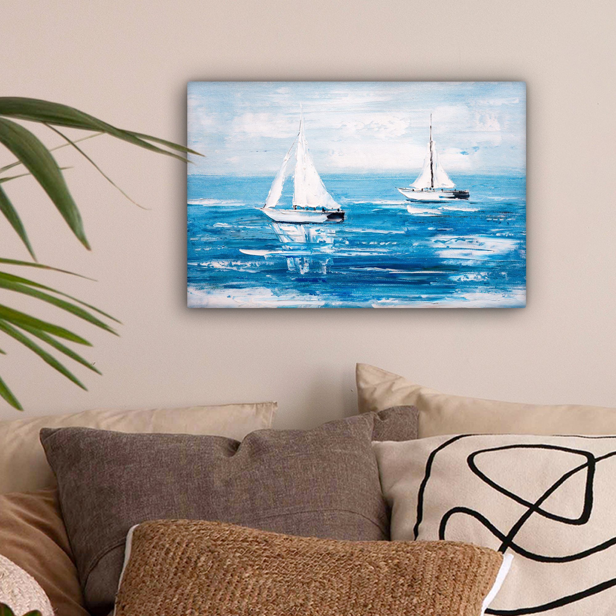 OneMillionCanvasses® Leinwandbild Malerei - Ölfarbe - Boot - Wasser, Fotodruck (1 St), Leinwand Bilder Klein, Wand Dekoration Aesthetic 30x20 cm