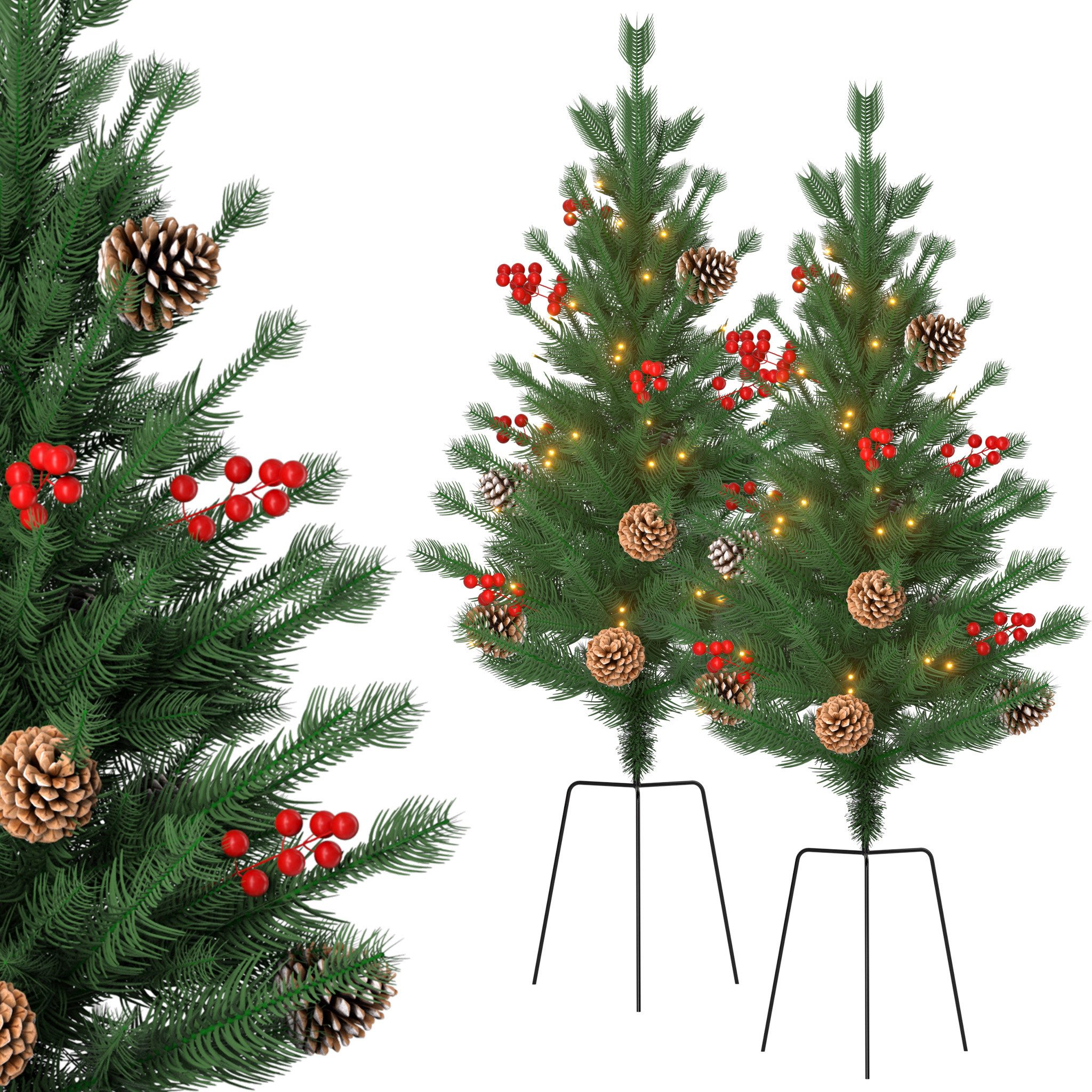 FIVMEN Künstlicher Weihnachtsbaum Tannenbaum mit Erdstecker Christbaum 76cm Weihnachtsdekobaum 2 Stück, Mini Tannenbaum Weihnachtsdekobaum mit Led Lichterkette