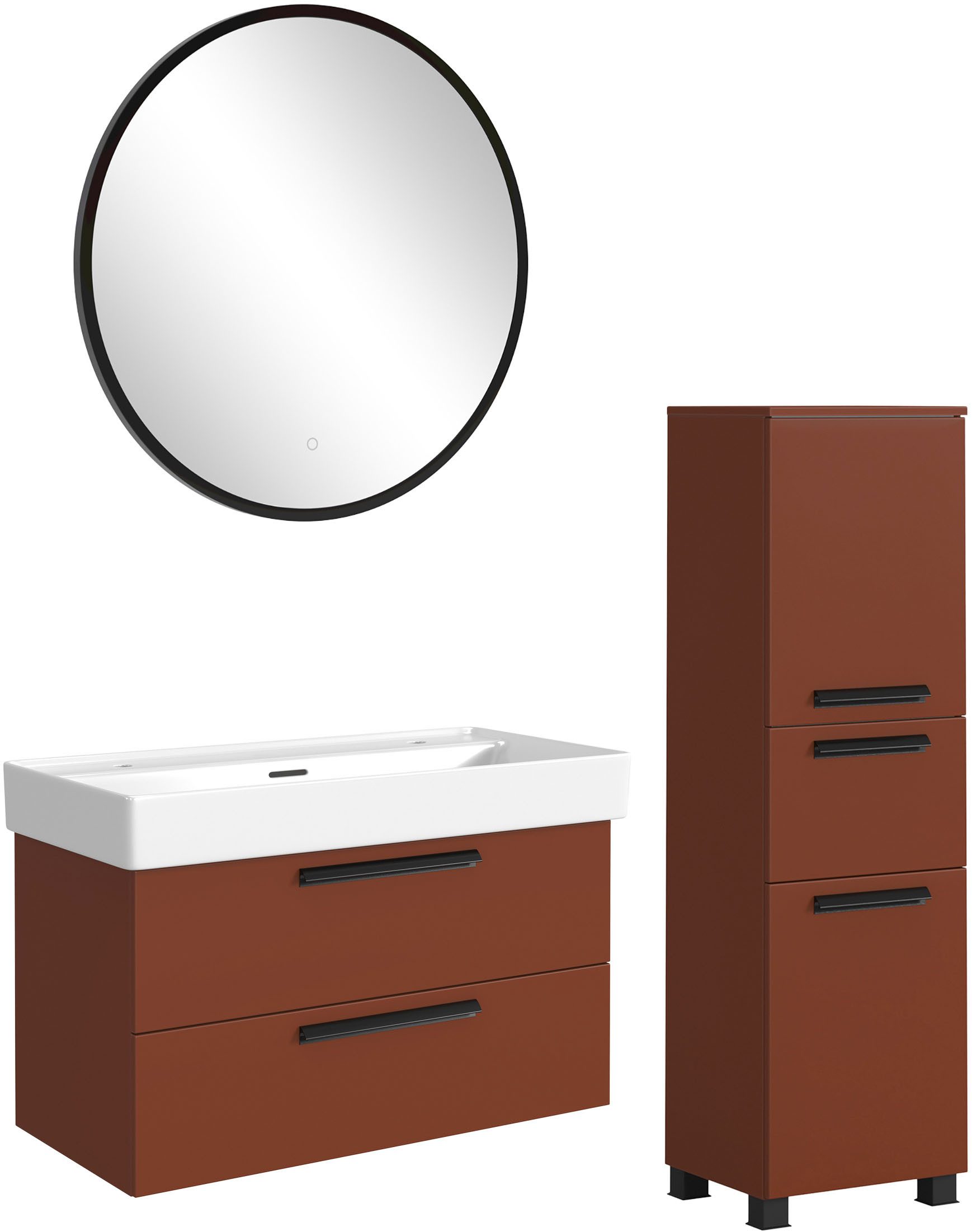 welltime Badmöbel-Set SALVADA, 3tlg-Set, gedämpfte Scharniere, Softclose, Keramikbecken, (Maße (B/T/H): 140/47,5/200 cm), Rot, Keramikbecken 1 od. 2 Armaturlochbohrungen